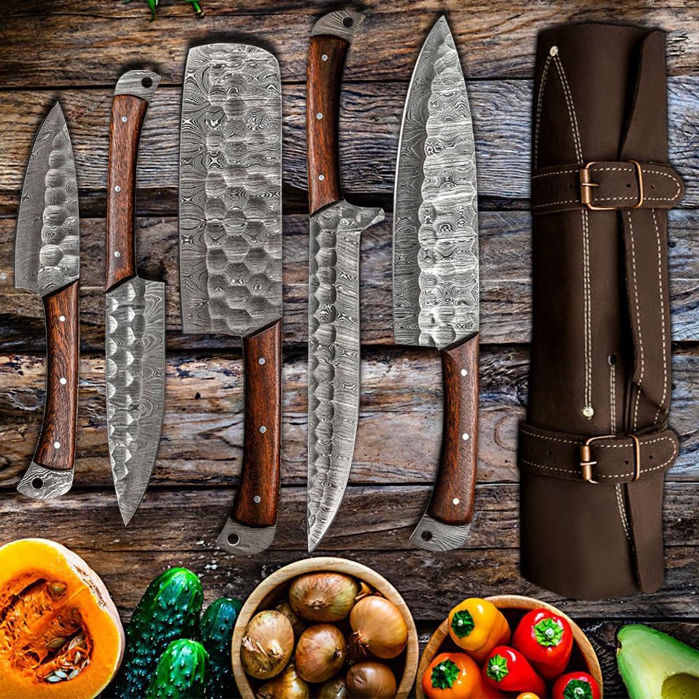 LEONA CRAFT® 5-Piece Handmade Kitchen Knife Set with Leather Roll, Hammered Damascus-Style High Carbon Stainless Steel Chef Knives, Wooden Handle Professional Cooking Gift Set for Home & Chef.001