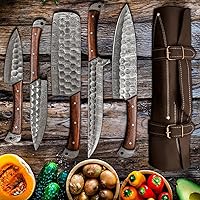 Vista 4 de Juego de cuchillos de cocina hechos a mano de 5 piezas con rollo de cuero, cuchillos de chef de acero inoxidable de alto carbono martillados