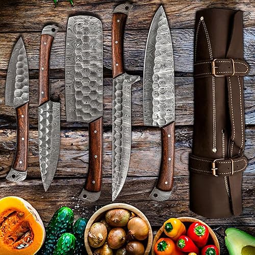 Miniatura 4 de LEONA CRAFT Juego de cuchillos de cocina hechos a mano de acero de Damasco con bolsa de cuero, 5 piezas de álamo para el hogar, cuchillo profesional