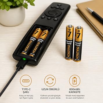 Şarjlı Pil AA/AAA 1.5V USB Type-C Şarjlı Lityum-İyon Pil, Şarj Edilebilir Kalem Pil ve Kumanda Pili, Hızlı Şarjlı Uzun Ömürlü Batarya (AAA (İnce Pil))