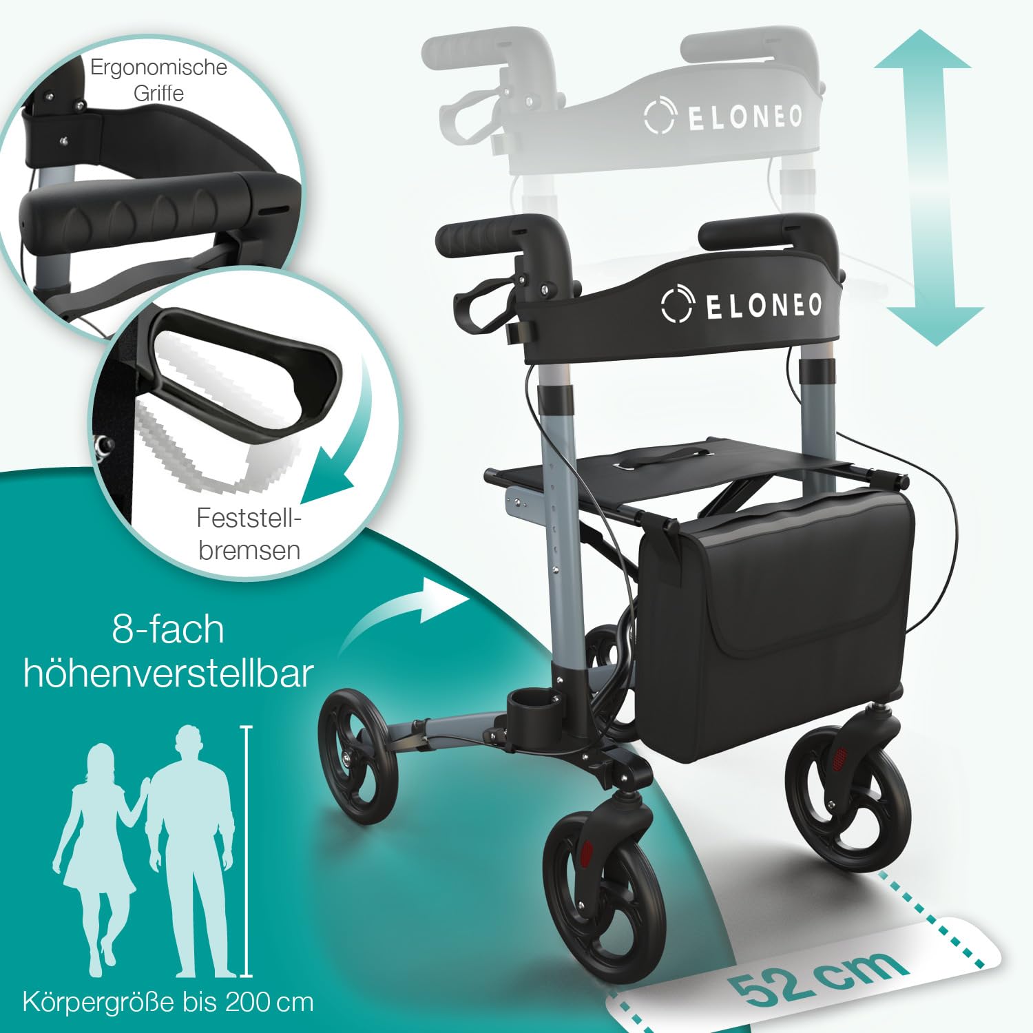 ELONEO Rollator faltbar und leicht mit Sitz, Leichtgewicht-Reiserollator aus Aluminium, Gehhilfe 8-fach höhenverstellbar, Laufhilfe 3-fach faltbar für Kofferraum, Tasche & Schirmhalter Anthrazit