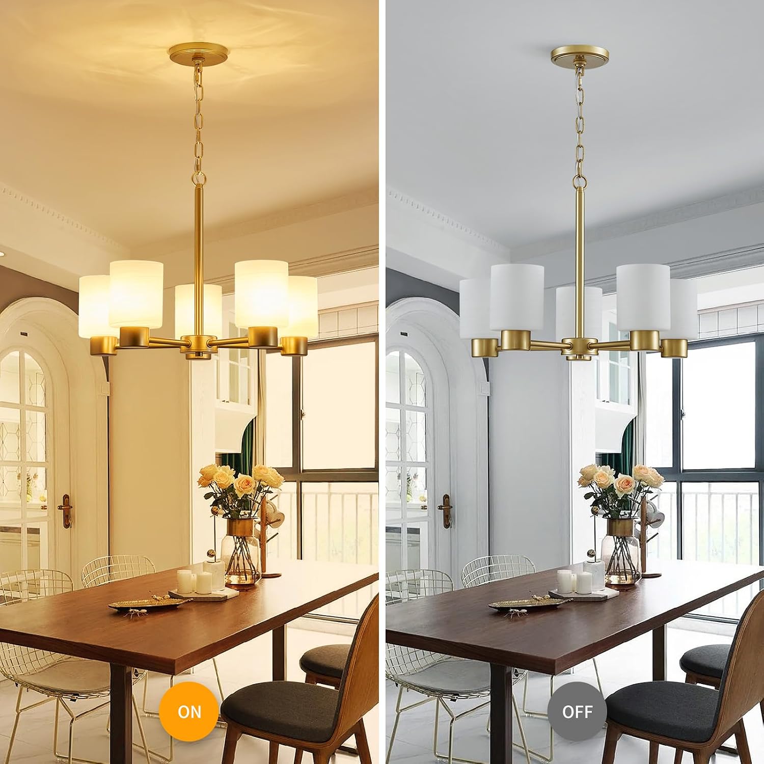 WUZUPS 5-Light Pendant Chandelier Light Frosted White Glass Shade with Grain Ceiling Lighting Elegant Modern Fixture Bathroom Kitchen Dining Room Entry Foyer, H 15.8" W21, E12 Base, Gold