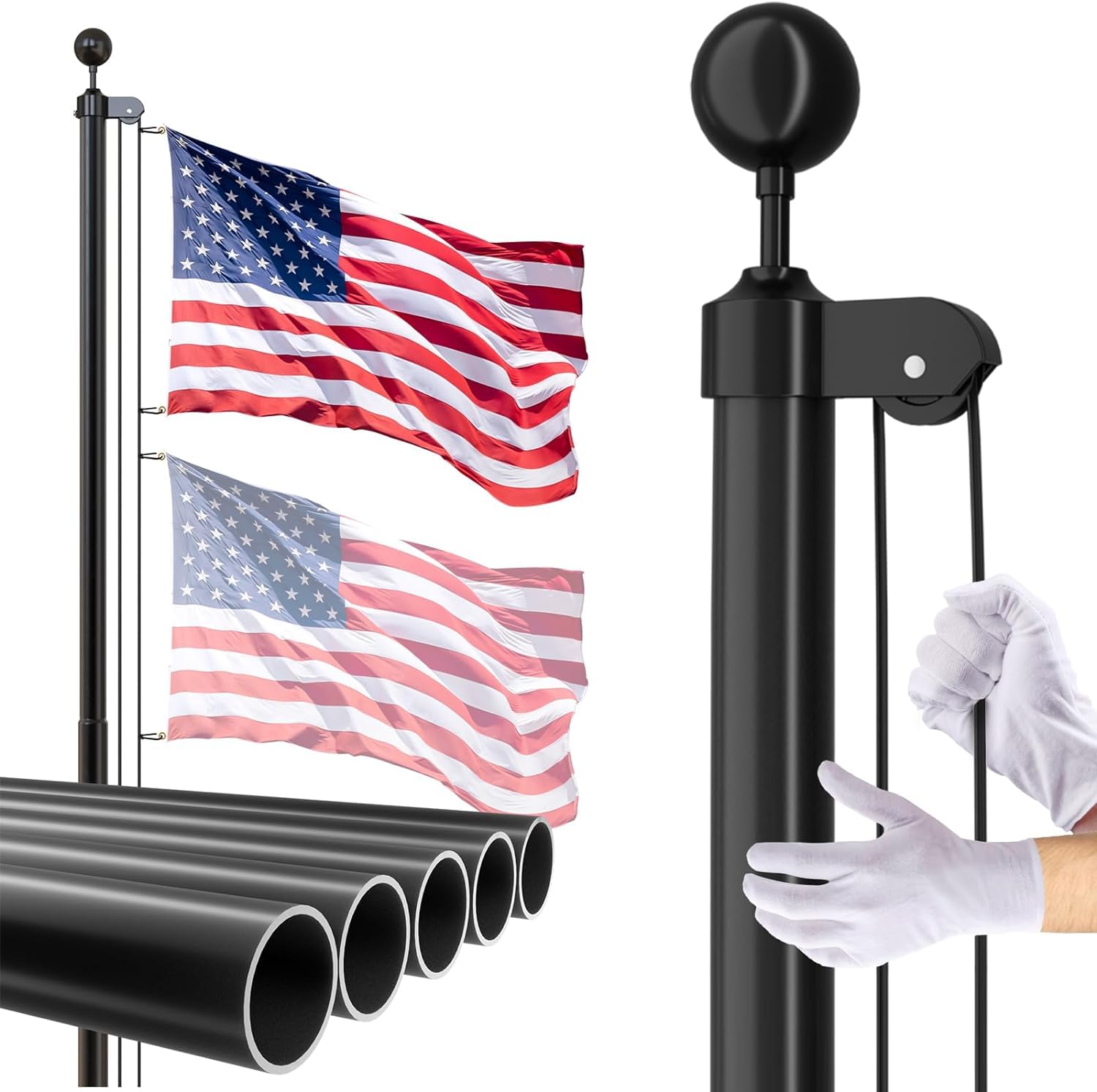 14 Gauge Flag Pole for Outside In Ground - 30 FT Heavy Duty Flagpole Kit for Yard - Extra Thick Outdoor Flag Poles with 3x5 American Flag for Residential or Commercial, Black