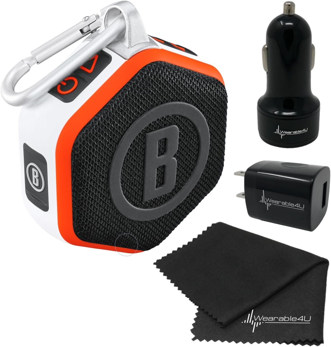 Wearable4U - Bushnell Wingman Mini Orange/White GPS Bluetooth Speaker with Cleaning Cloth and Wall/Car Chargers Bundle