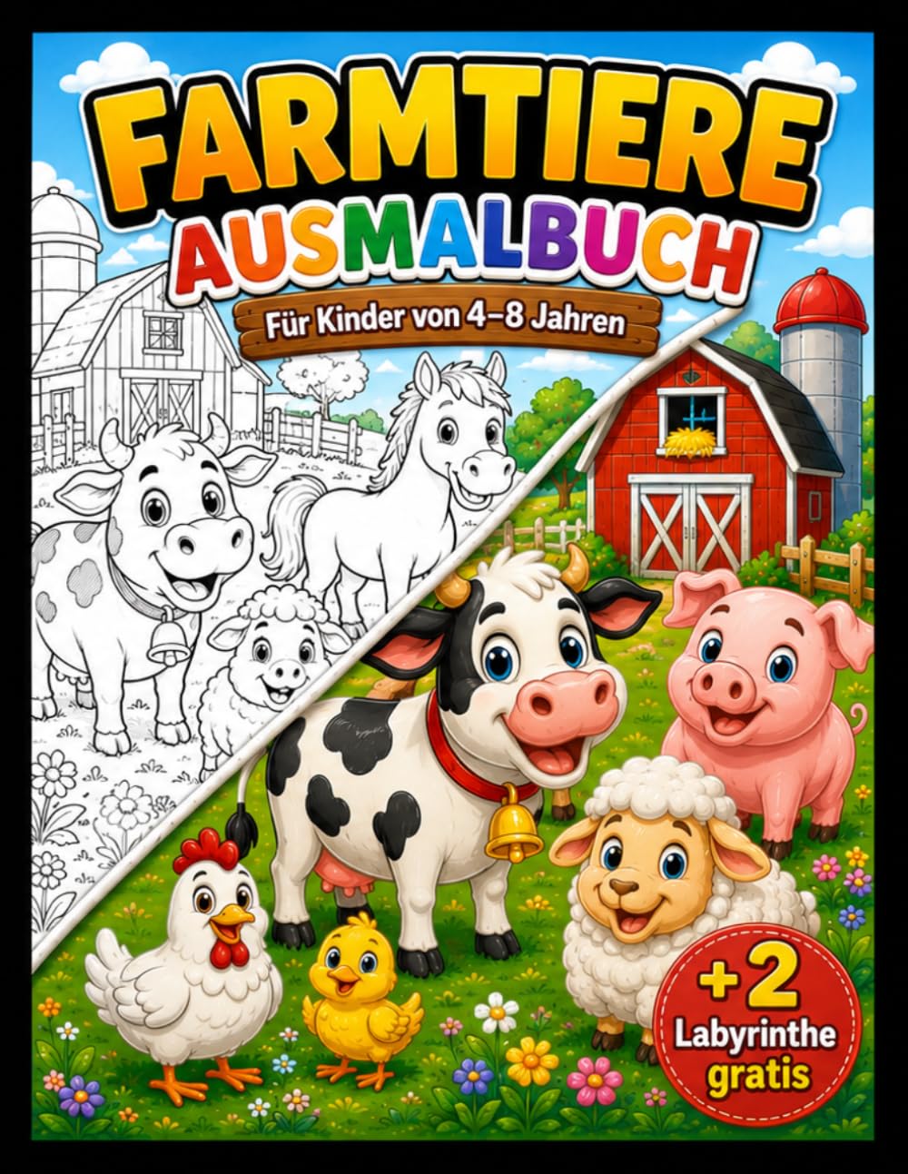 Farmtiere Ausmalbuch für Kinder ab 4 Jahren – Niedliche Bauernhoftiere: Mit Kuh, Pferd, Schwein, Schaf, Huhn und weiteren Bauernhoftieren – Große, ... inklusive 2 farbiger Bonus-Labyrinth-Seiten