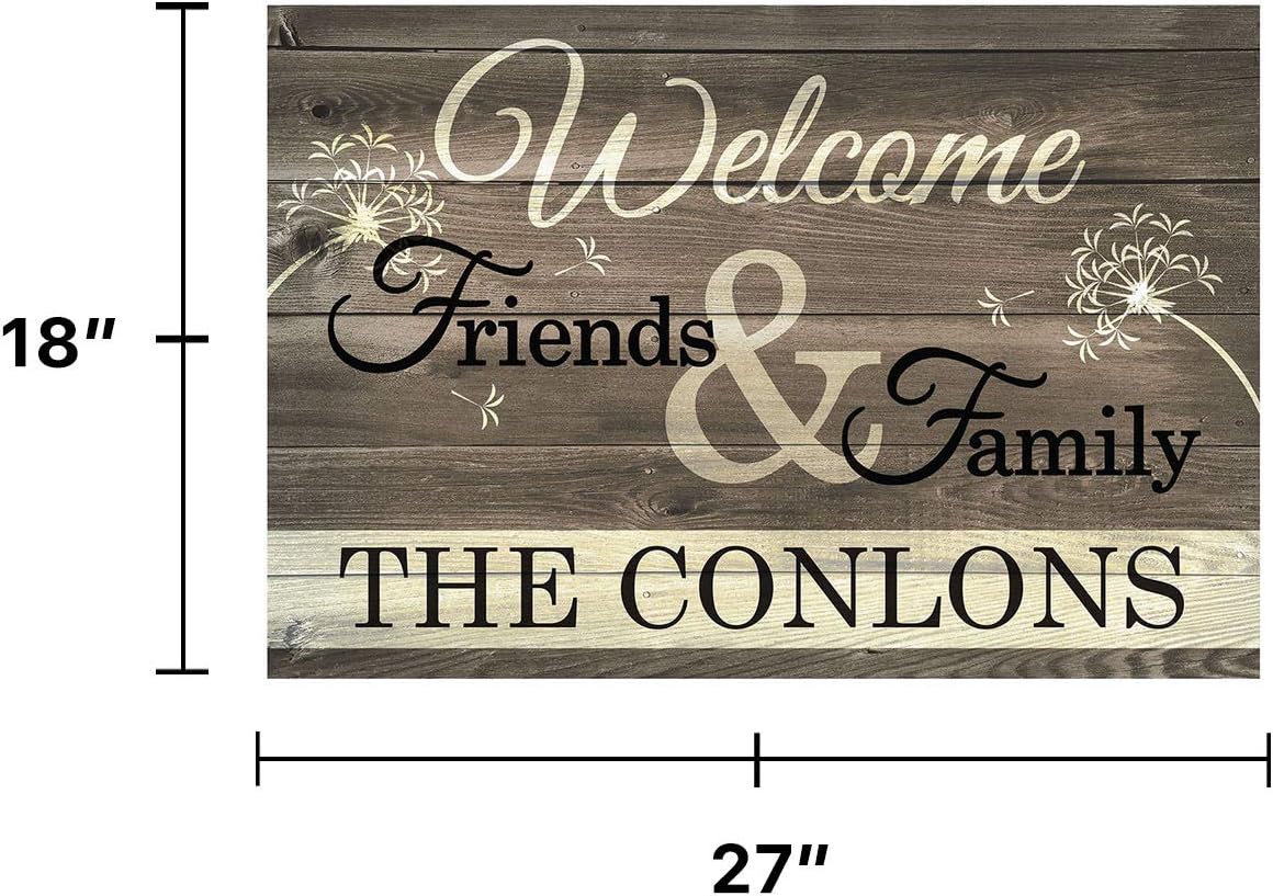 Welcome Family and Friends Personalized Doormat - Brown Custom Entry Door Mat with Name Printing on Durable 1/8" Thick Low Profile Mat, Indoor Outdoor, Non Slip Rubber Backing, Rectangular, 18x27