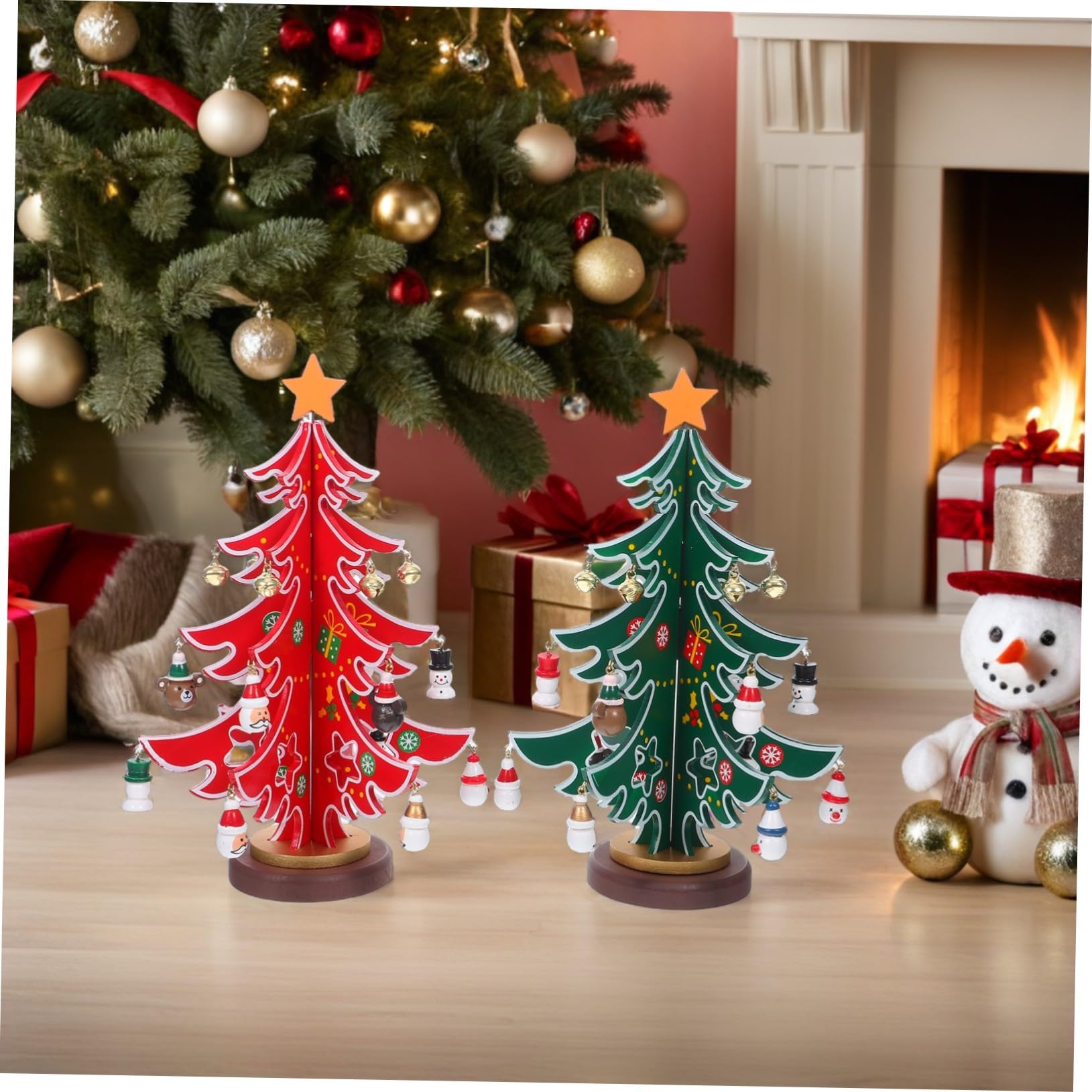 2 Piezas Mini Árbol de Navidad de Madera con Adornos Decoración de Mesa para Fiesta Navideña Centro de Mesa Festivo Diseño Artesanal Detallado y Natural