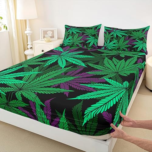 Sábana bajera ajustable para niños con hojas de cannabis, tamaño matrimonial, juego de ropa de cama de hojas de marihuana, decoración de habitación
