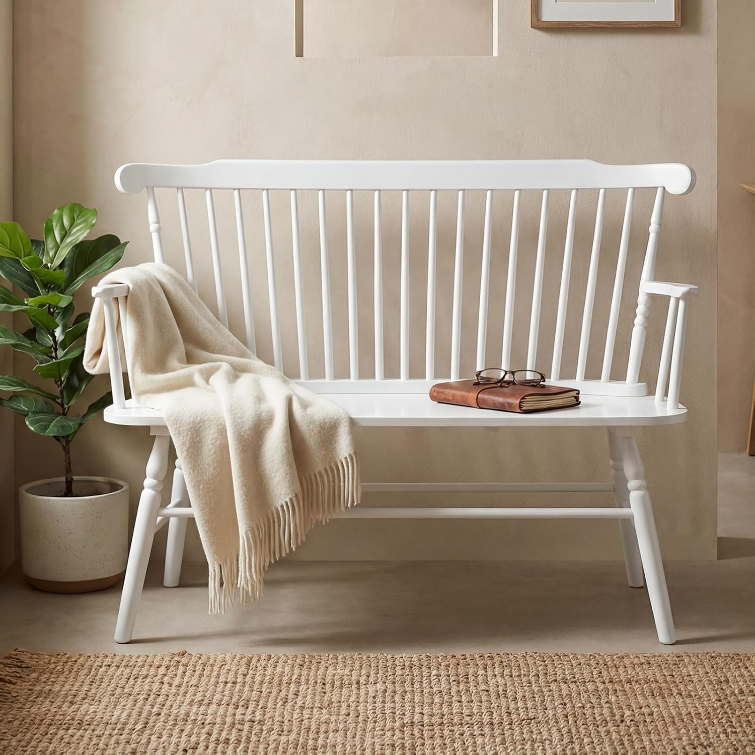 chairus Farmhouse Dining Bench with Spindle High Back & Armrest Wood Entryway Bench Rustic Vintage Windsor Bench for Entryway/Table/Bedroom End of Bed, White