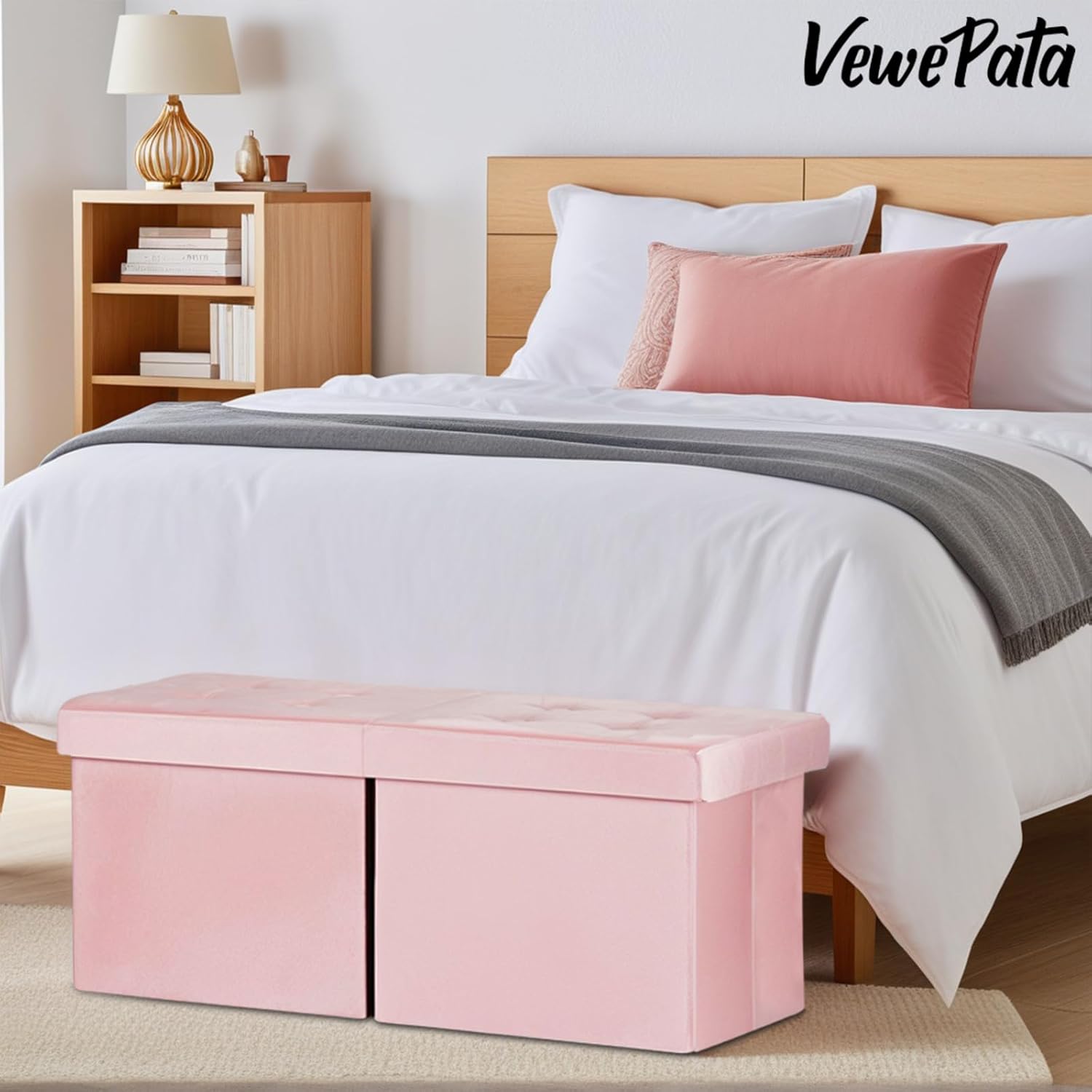 Folding Ottoman Bench with Storage - 34Inches Teddy Velvet Foot Stool Ottoman Bench, Padded Seat, Storage Chest,Blanket Store, for Entryway Livingroom and Bedroom,Pink (34" D x 13" W x 13" H)