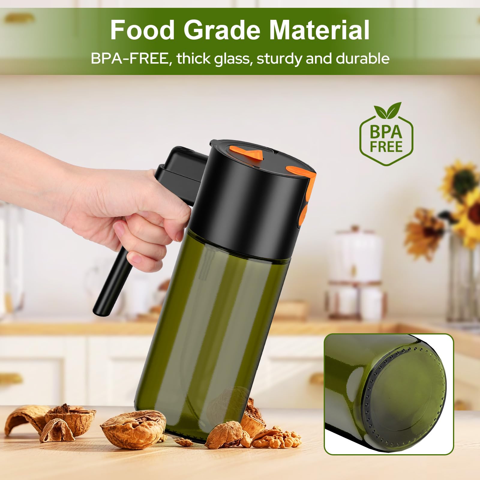 Euqvunn Spruzzino Olio 500 ml, 2-in-1 Spray & Versatore, Vetro Blocca Luce, Oliera Spray Ricaricabile per Cucina, Friggitrice ad Aria, Insalata e Grigliate, con Pennello (Nero)