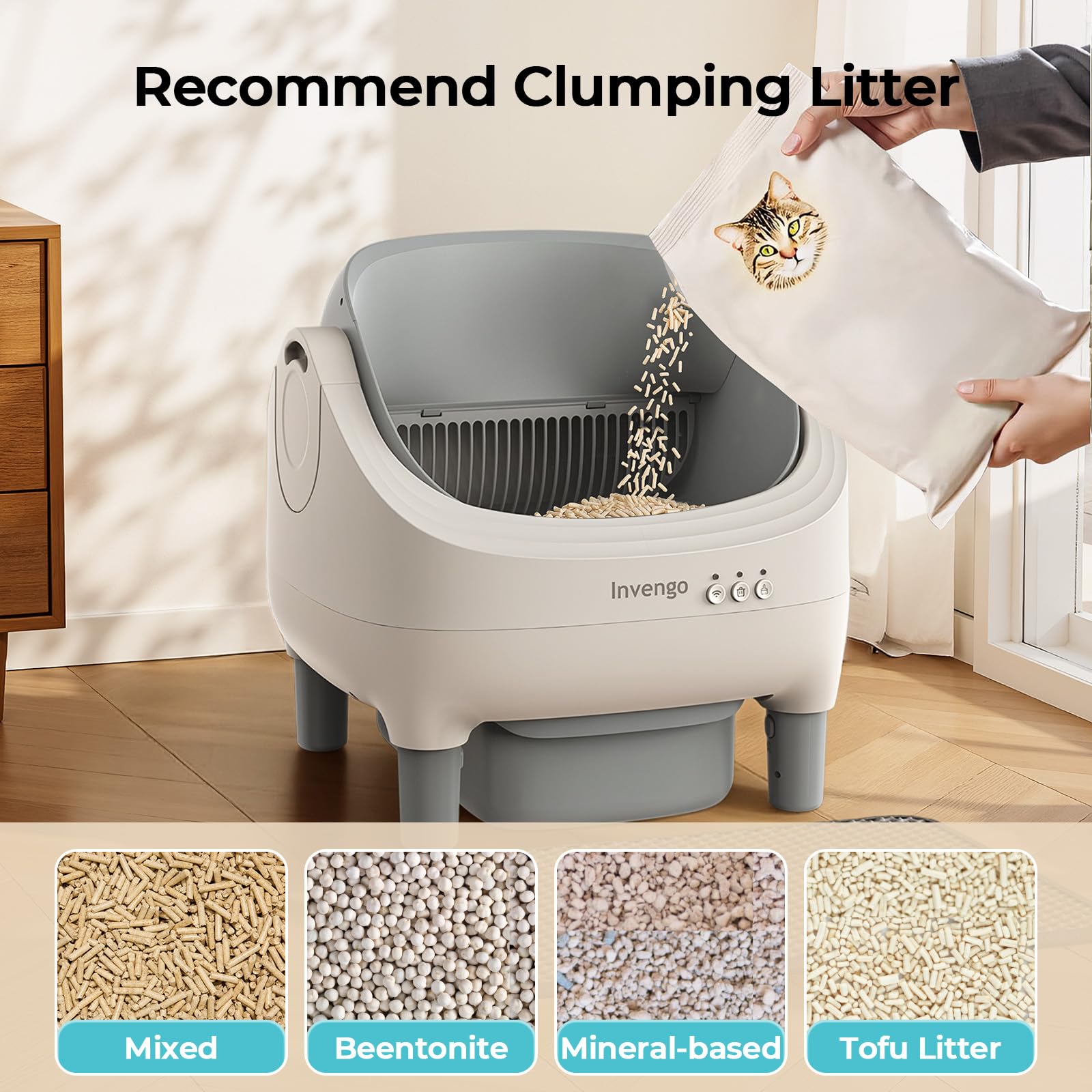 Invengo Automatic Cat Litter Box Self Cleaning, App Control, Open-Top Automatic Litter Box with Safety Sensors, Ultra-Quiet, 10.5L Waste Bin with Odor Control, 2 Rolls of Garbage Bags, LightGrey - image 6