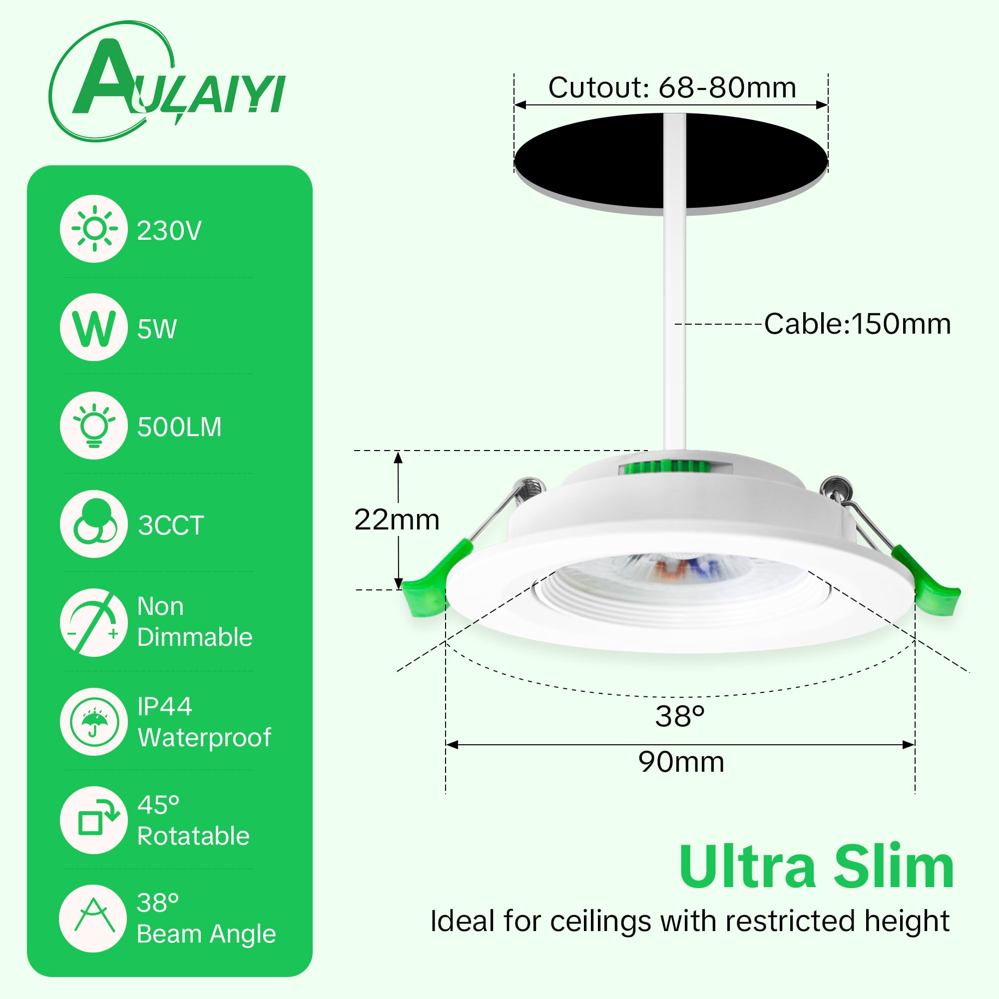 LED Einbaustrahler 230V 68-80mm 5W IP44 Ultra Flach 45° Schwenkbar 2700K/4000K/6000K Deckenleuchte 10er Set Weiß