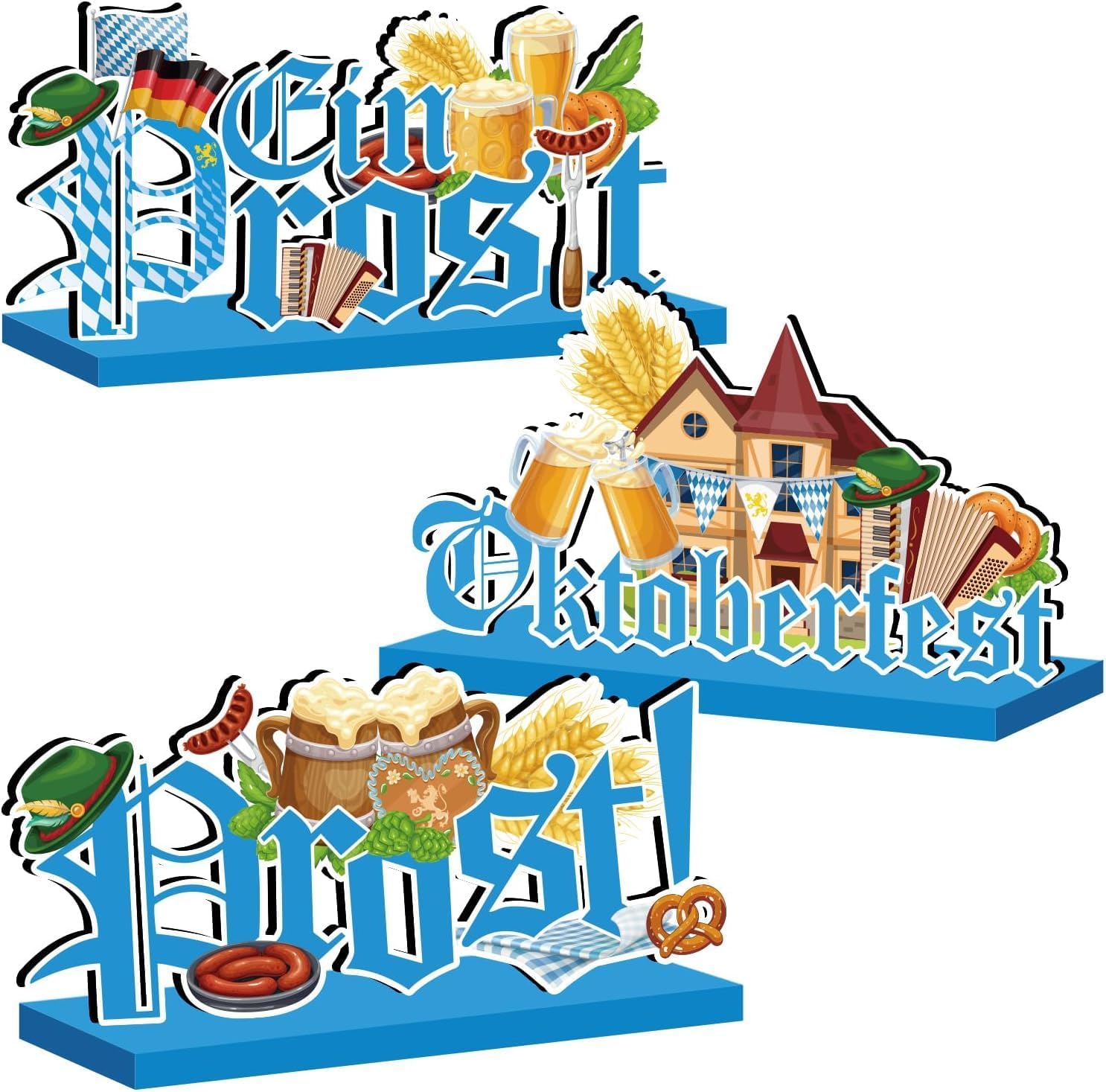 3Pcs Oktoberfest Decorations, Oktoberfest Theme Wooden Table Centerpieces Ein Prosit Table Topper Sign for Bavarian German Beer Festival Party Table Decorations