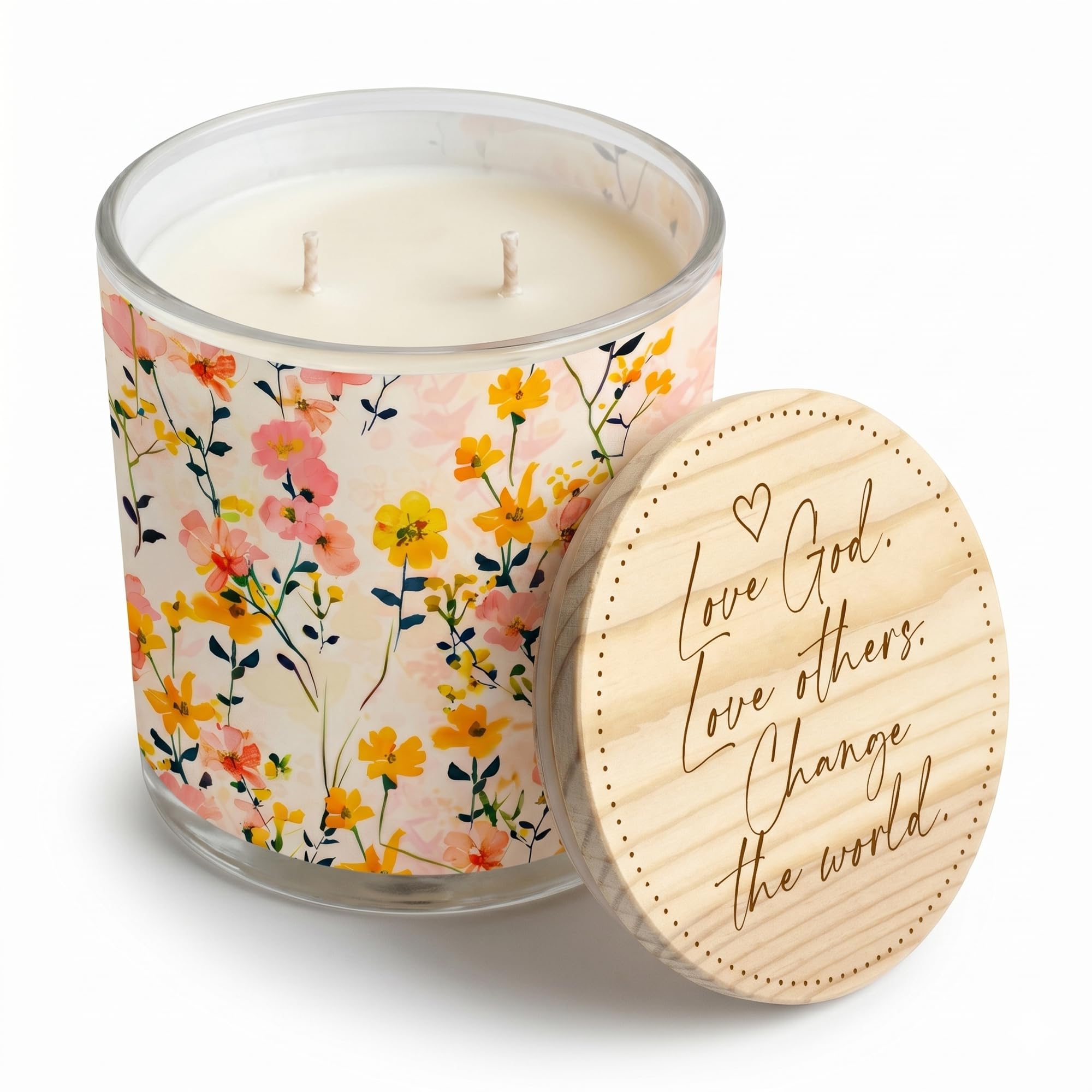 Vela aromática cristiana inspiradora para mujer, vela en tarro de cera de soja de 13 onzas con tapa de madera grabada, cita de fe Love God Love Other Faith, vela de vidrio de jardín de flores
