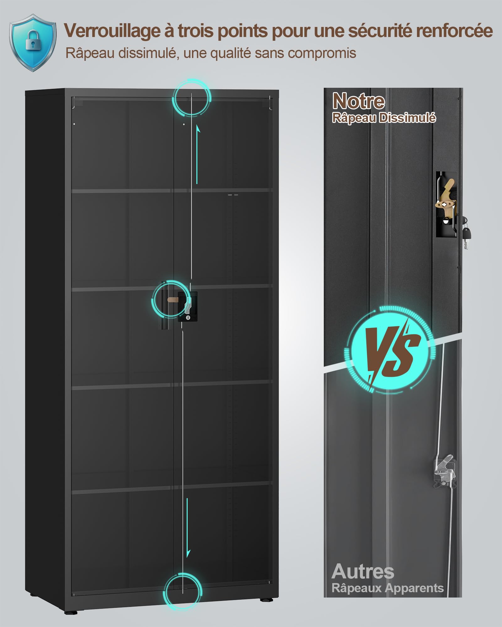 LAND·VOI Armoire en Acier 5 Niveaux avec Serrure Étagères Réglables Portes Battantes Armoire de Bureau Rangement Métallique pour Bureau Garage Cuisine Atelier 80×40×181.5 cm Noir