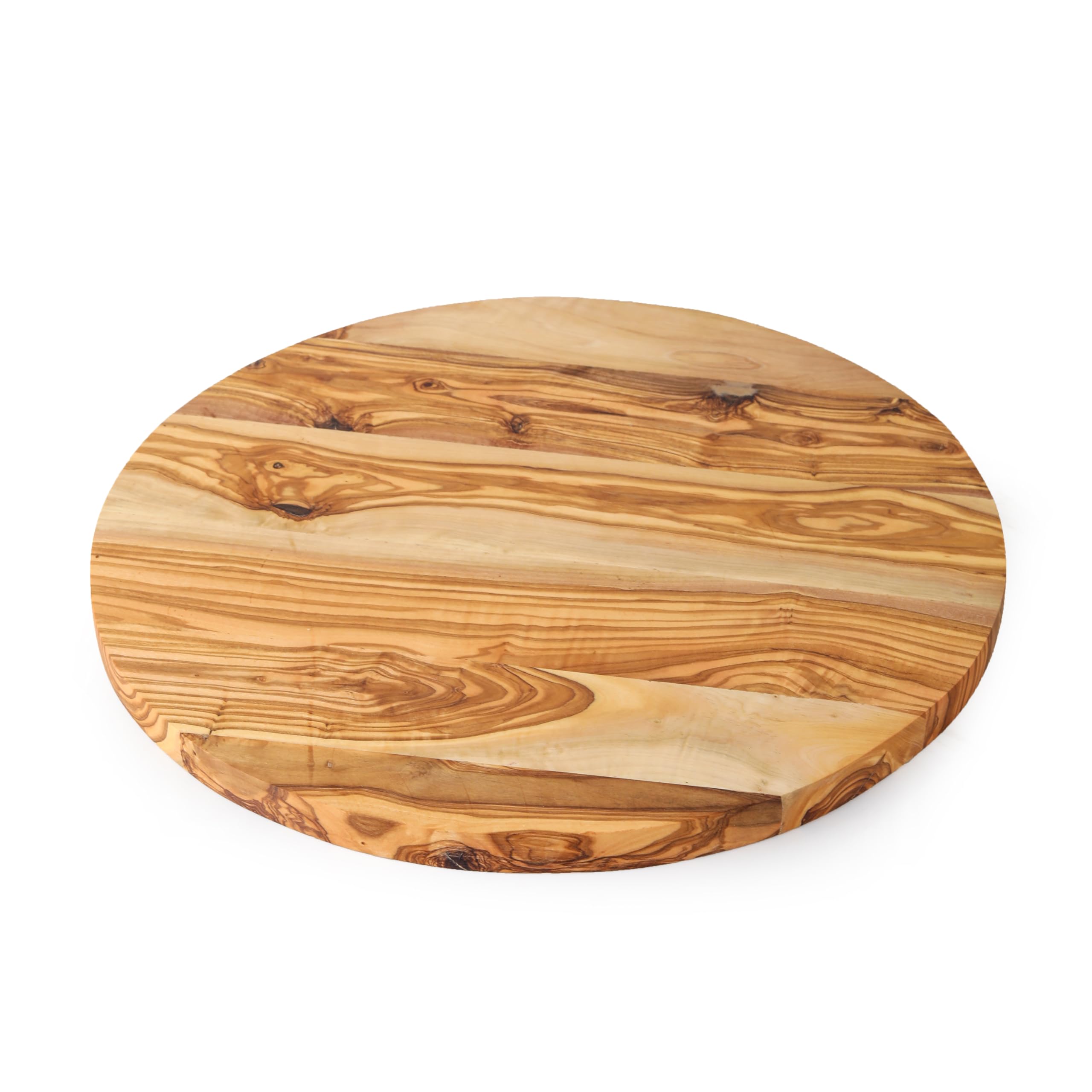 Handgefertigtes rundes Paddelbrett aus Olivenholz – gestreiftes Servierbrett für Käse, Brot und Vorspeisen + Bienenwachs und Personalisierung (35 cm)