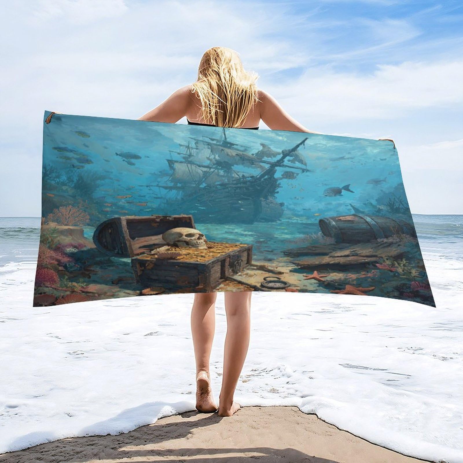 LUYYSKY Beautiful Funny Pirate Ship Absorbent Beach Towel, Classic Realistic Nautical Underwater Treasure Ocean Shipwreck Skull Outdoor Single-Sided Velvet Beach Towel-80 W cm x 160" L cm
