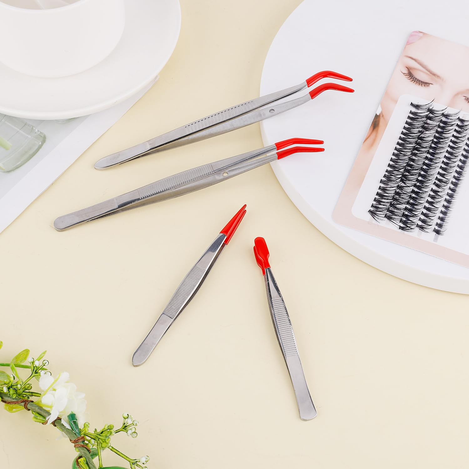 4 Pezzi di Pinzette con Punte in Gomma, Pinzette in Acciaio Inossidabile Include Punta Diritta Punta Piatta Pinzette Lunghe Curve per Laboratorio di Creazione di Gioielli Artigianali (Rosso)