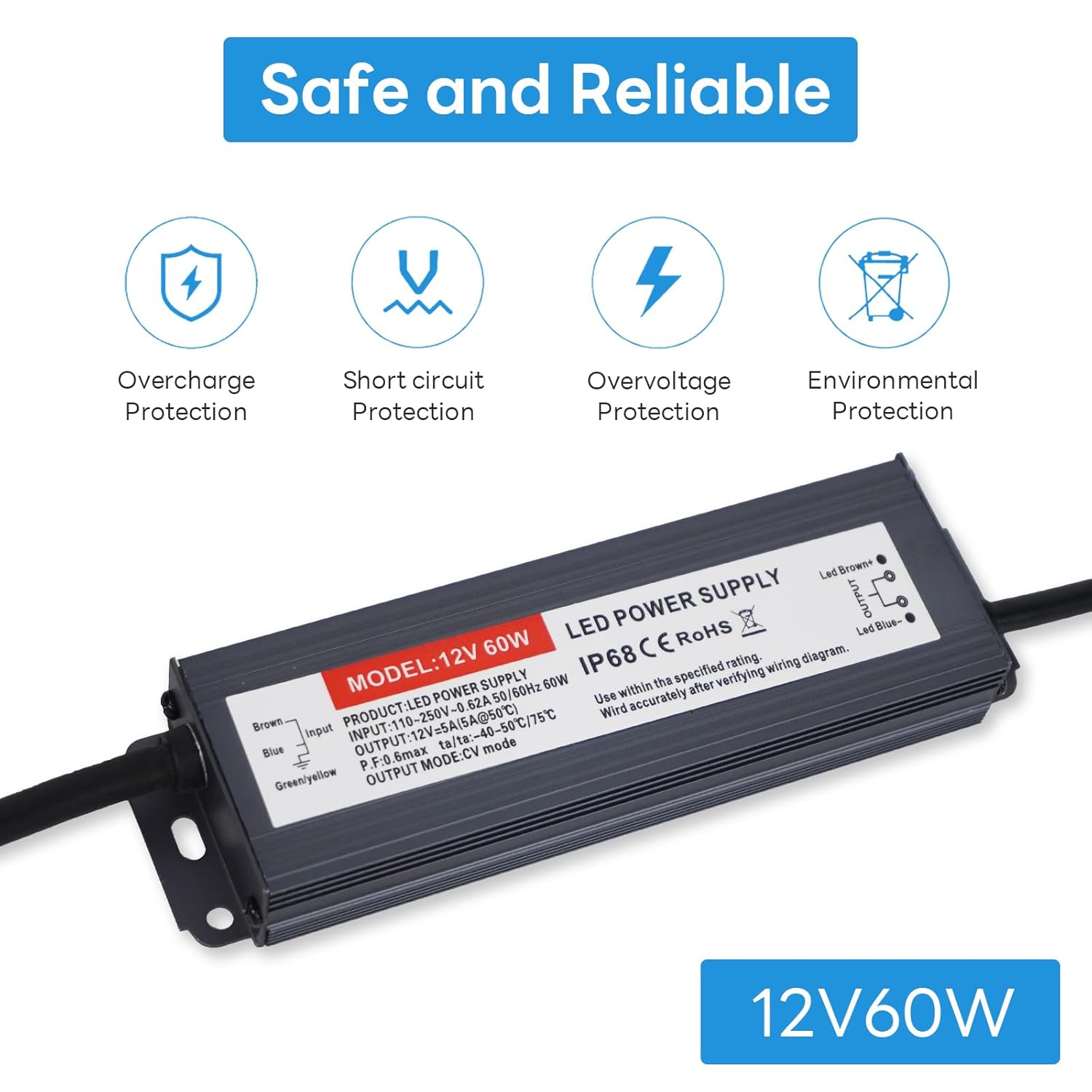 LED Driver 60 Watts, IP67 Waterproof Power Supply, Low Voltage Electronic Transformer, 110V-250V AC to 12V DC, 12V Constant Voltage LED Power Supply for LED Light Strip - Image 3