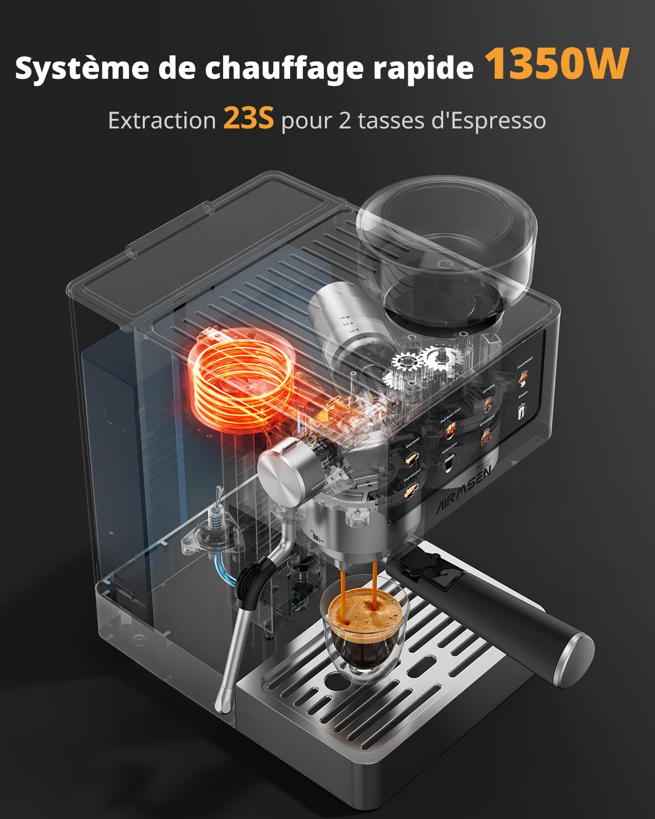 AIRMSEN 20 Bar Siebträgermaschine mit Kegelmahlwerk & Milchschäumer, 1.8L Wassertank, Edelstahl Espressomaschine Kaffeemaschine für Americano, Cappuccino und Latte
