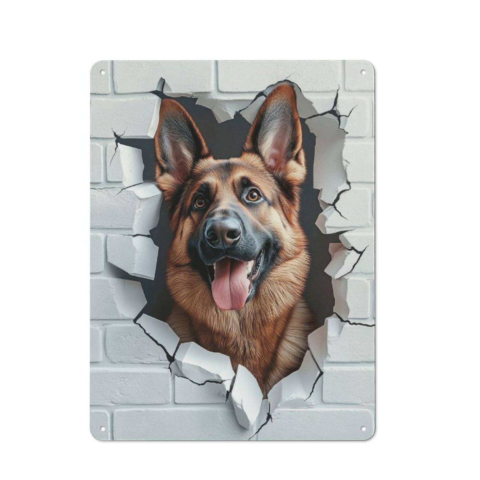 Junmoney German Shepherd Breaking Through Wall Tin Wall Plaque 40X30cm With For Hobby Room Or Studio, For Home Interiors, Feature Walls And Decorative Displays