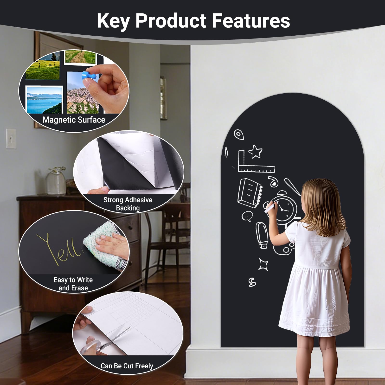 Pizarra Magnética Adhesiva de Pared Diseño Arco 80 x 40 cm – Pizarra Negra Borrable en Seco con Superficie Magnética, Incluye Tizas, Imanes y Paño – Hogar, Escuela y Oficina (Negro)