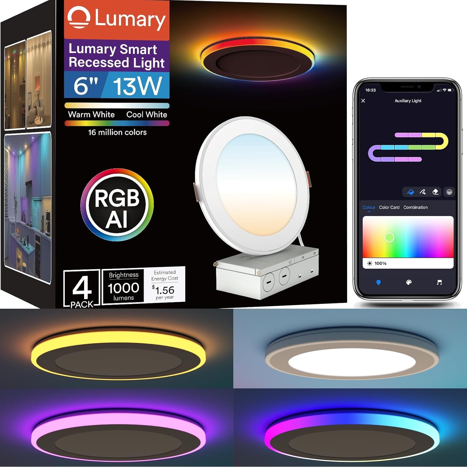 Lumary RGBAI Smart Recessed Lighting 6 Inch with Gradient Accent and Night Ring, 13W 1000LM Wi-Fi LED Recessed Lights, LED Downlight Compatible with Alexa/Google Assistant/Siri, 4PCS Lumary RGBAI Smart Recessed Lighting 6 Inch with Gradient Accent and Night Ring, 13W 1000LM Wi-Fi LED Recessed Lights, LED Downlight Compatible with Alexa/Google Assistant/Siri, 4PCS