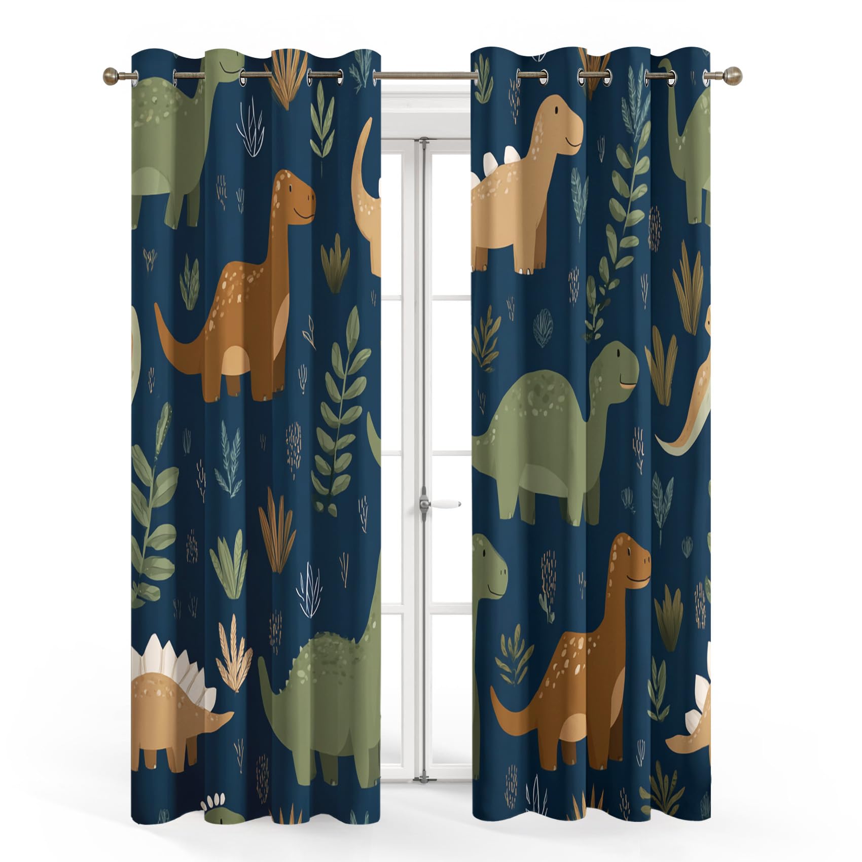 Rideaux Motif Enfants Dinosaures - Rideau Occultant Mignon Dino Animaux, Lot de 2 Rideaux Imprimé, Decoration Chambre Salon Cuisine, Draperies Intérieurs à Oeillets L 140 x H 180 T&YH-42