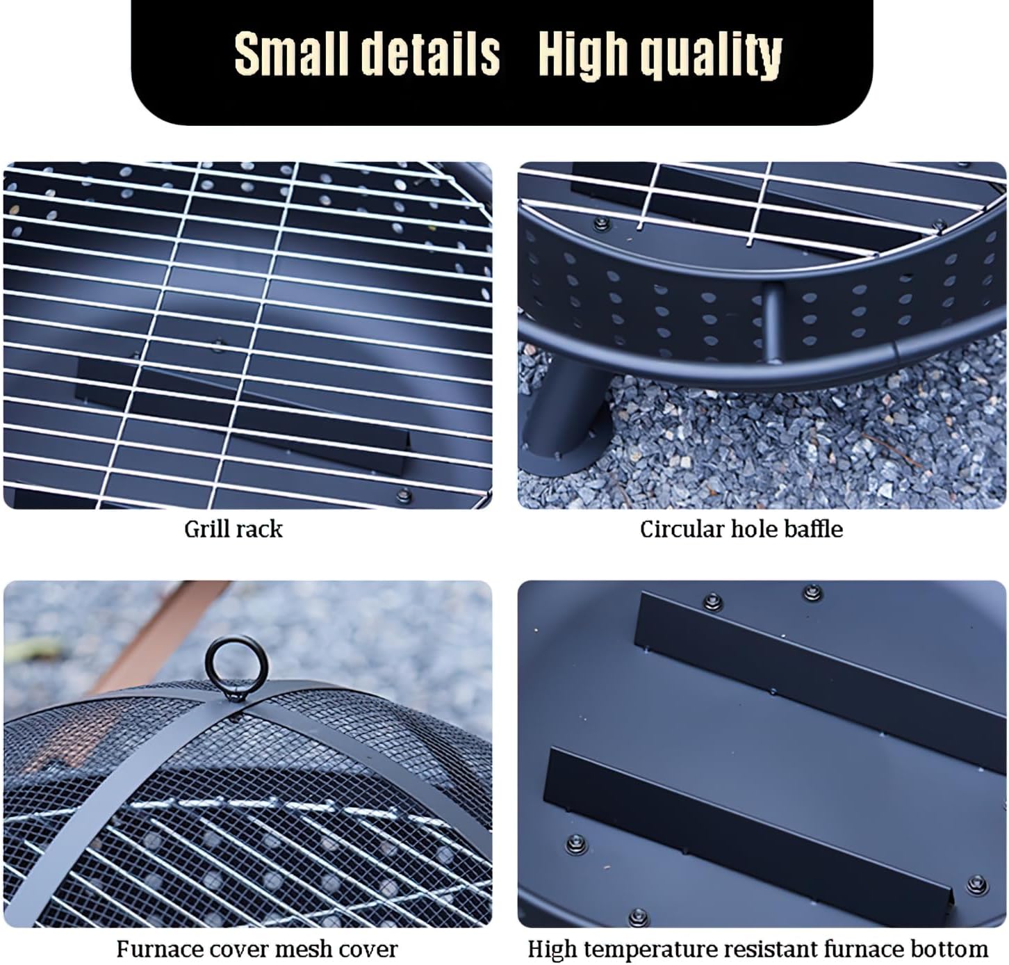Outdoor Fire Pit with Grill, Black Metal, 26.57x21.26 Inch, Portable Charcoal BBQ Bowl, Mesh Spark Screen Cover, Multi-Functional Courtyard Cooking