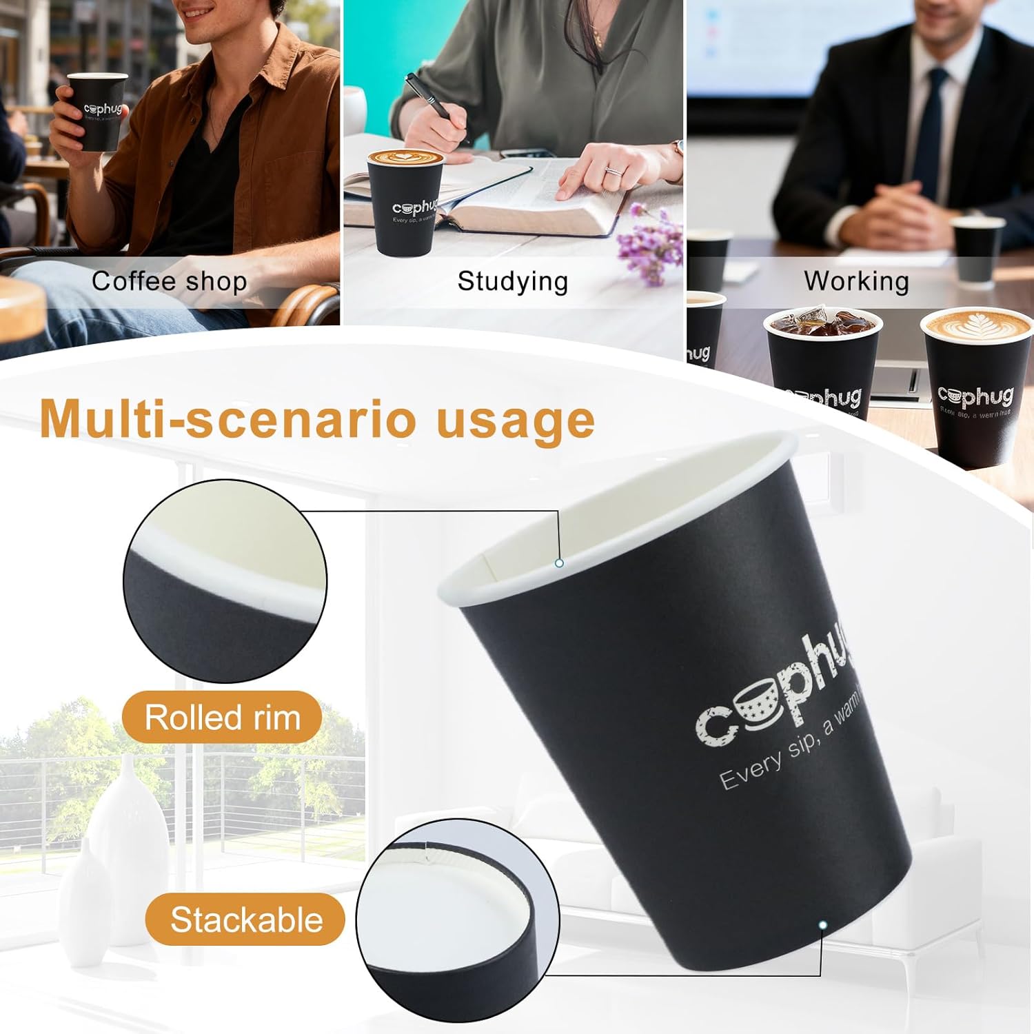 300 Pack 8 oz Disposable Paper Cups, Hot & Cold Beverage Drinking Cups for Coffee, Tea, Juice, Water - Black coffee cups for Office, Party, Home, and Travel - Image 4