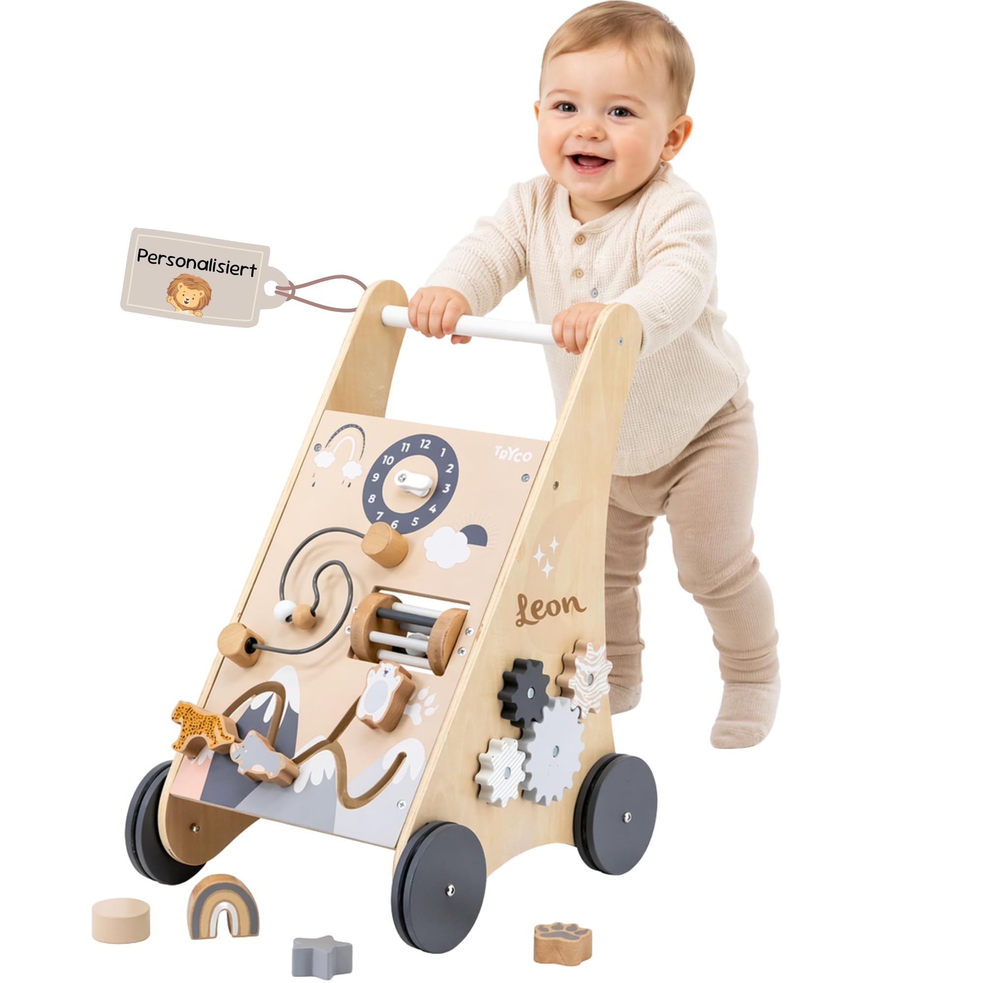 Personalisierter Lauflernwagen aus Holz mit Name – Sicherer Baby Schiebewagen für erste Schritte – Lauflernhilfe mit Bremse & Motorikspiel – Geschenk zum 1. Geburtstag für Mädchen & Jungen
