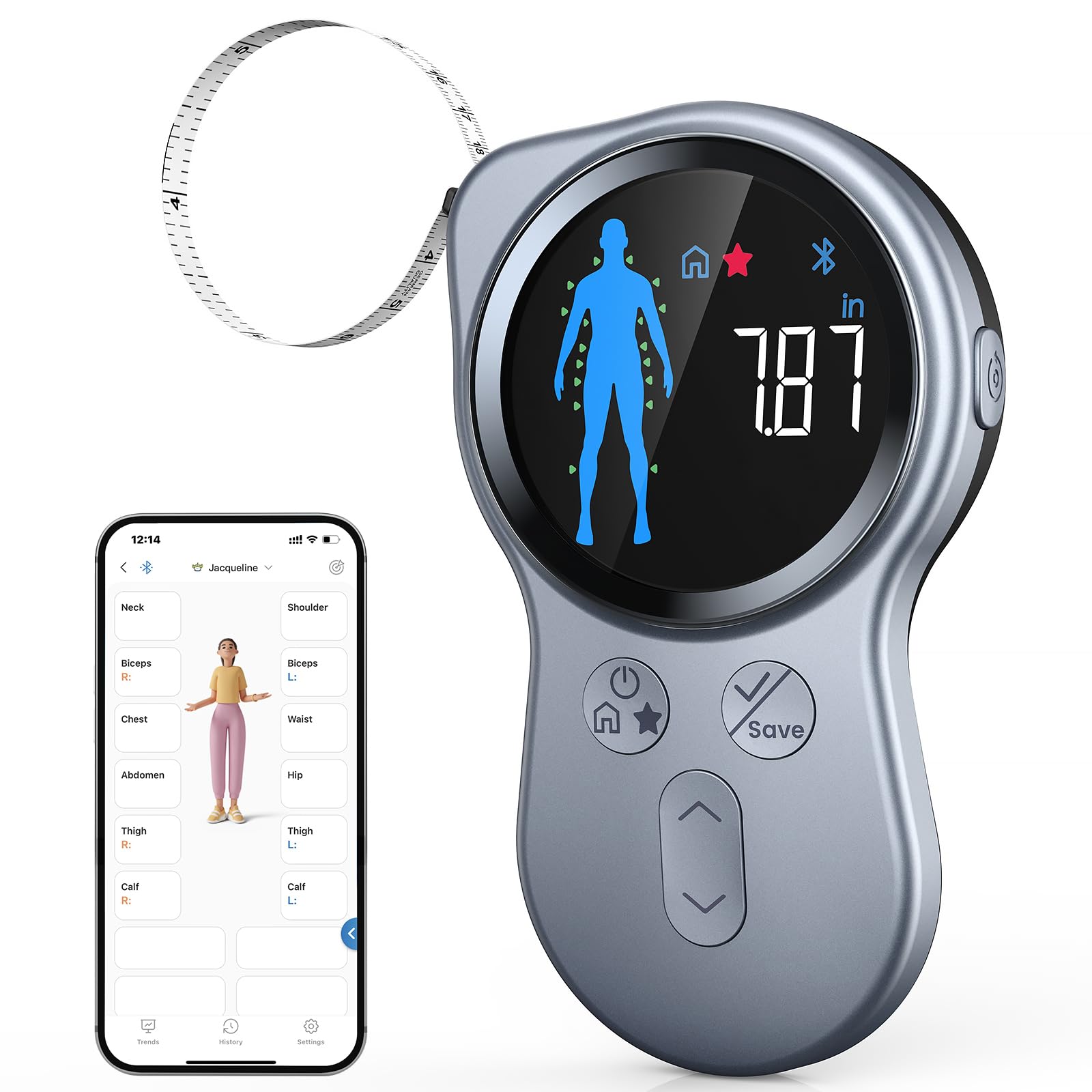 RENPHO Smart Body Tape Measure+, cinta métrica inteligente corporal, cinta métrica mejorada para pérdida de peso, ganancia muscular, fisicoculturismo, cinta digital inteligente en pulgadas y cm