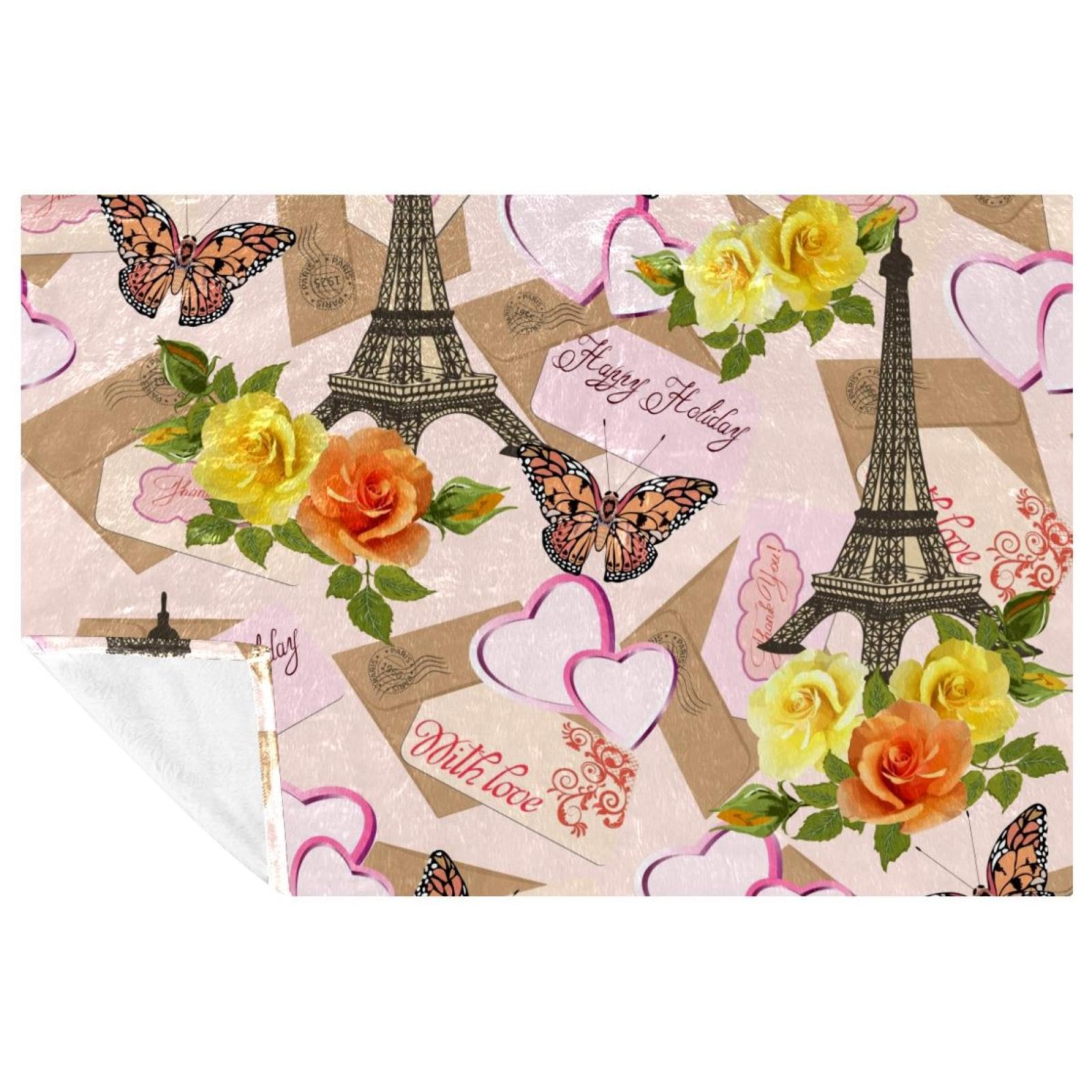 Plaid Tour Eiffel imprimé roses couverture douce pour lit et canapé
