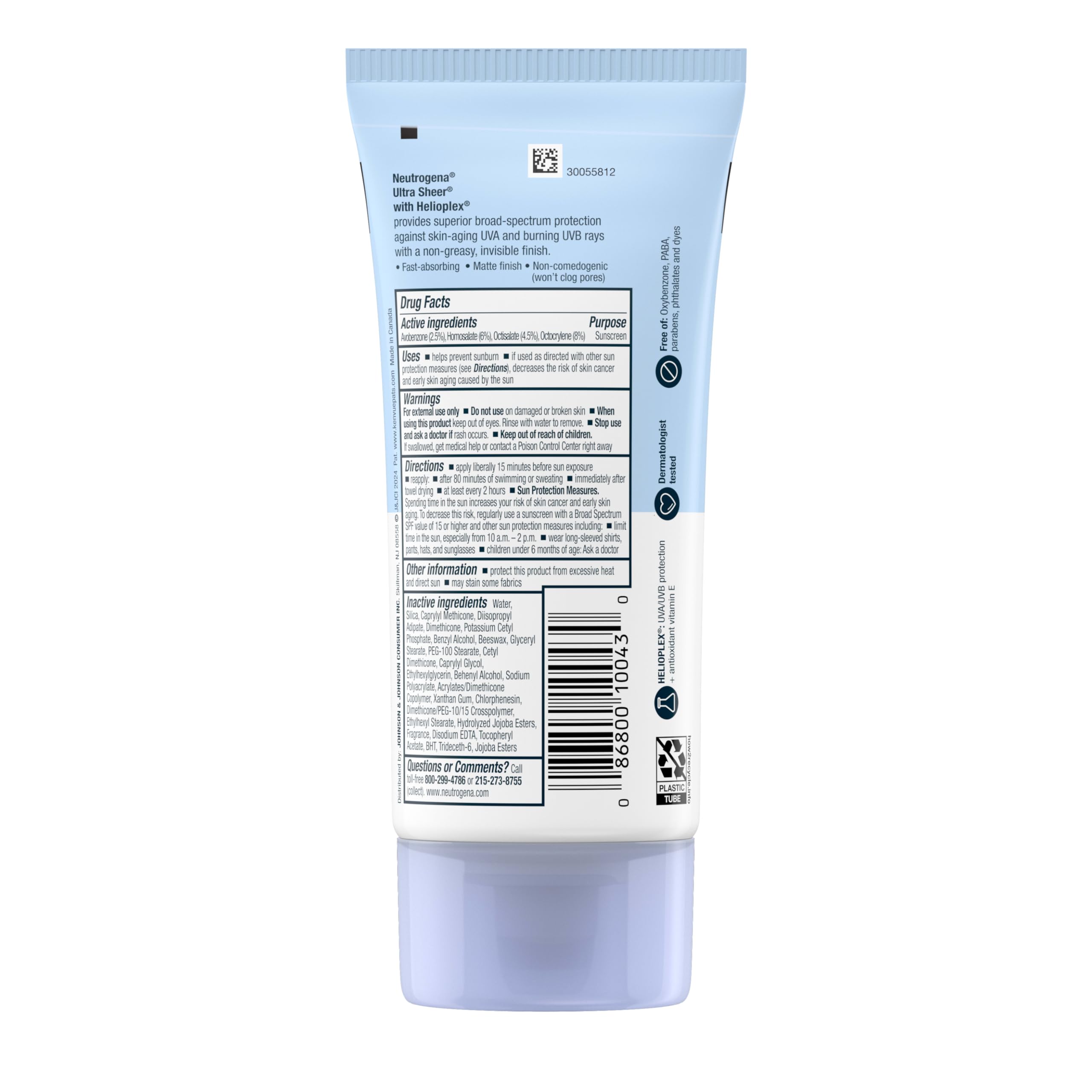Neutrogena Ultra Sheer Dry-Touch Sunscreen Lotion, Broad Spectrum LSF 30 ochrona przed promieniowaniem UVA/UVB, nie zawiera tlenu, wodoodporny, nie zatyka się, nie zawiera komedogenicznych,