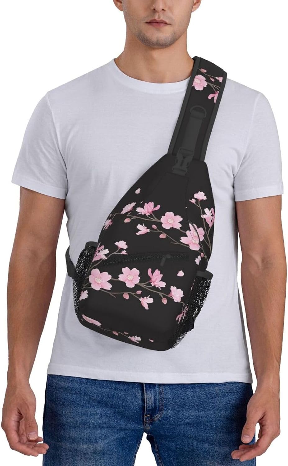 Cherry Blossom Sling Bag Abstract Japanese Pink Flowers and Petals on Branch Crossbody Backpack Cute Floral Print Chest Shoulder Bag Casual Sports Travel Hiking Daypack for Women Men image 2