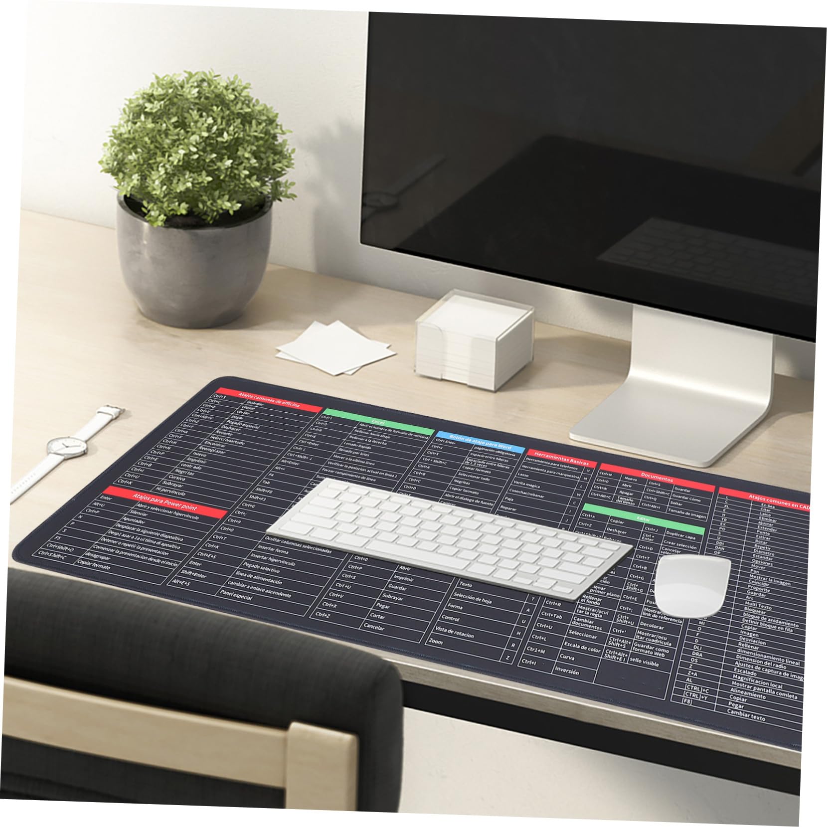 TEHAUX Alfombrilla de Ratón para Escritorio Grande Base de Goma, Atajos de Excel en Español, Antideslizante para Oficina y Gaming, 300x800x3mm