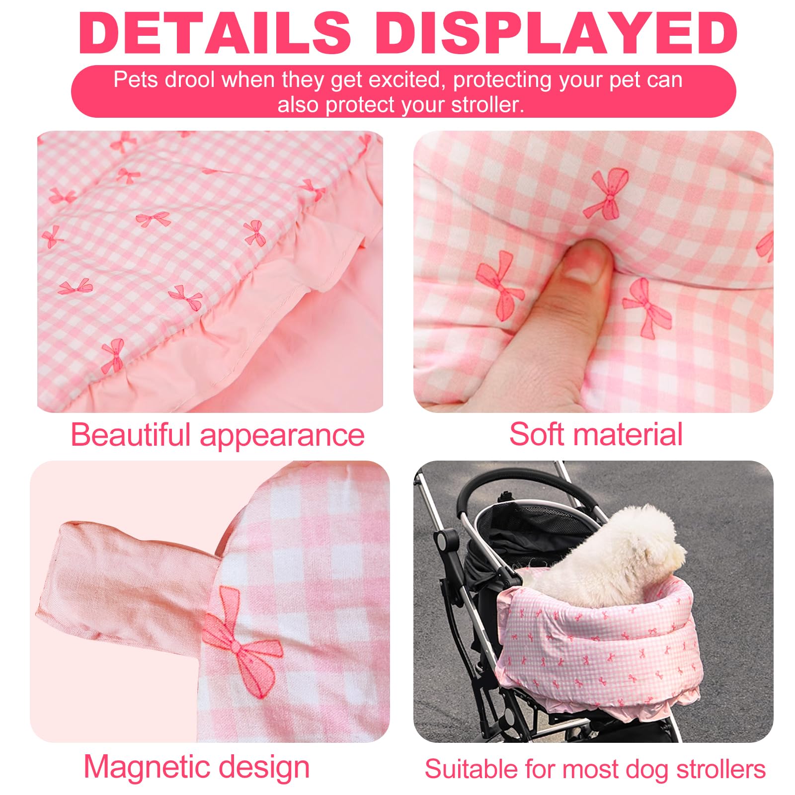 LUKHMELF Pet Stroller Mat, Dog Stroller Bed Mat, Pink Bow Style, Cotton, 36"x18.5", Magnetic Attachment - Image 3