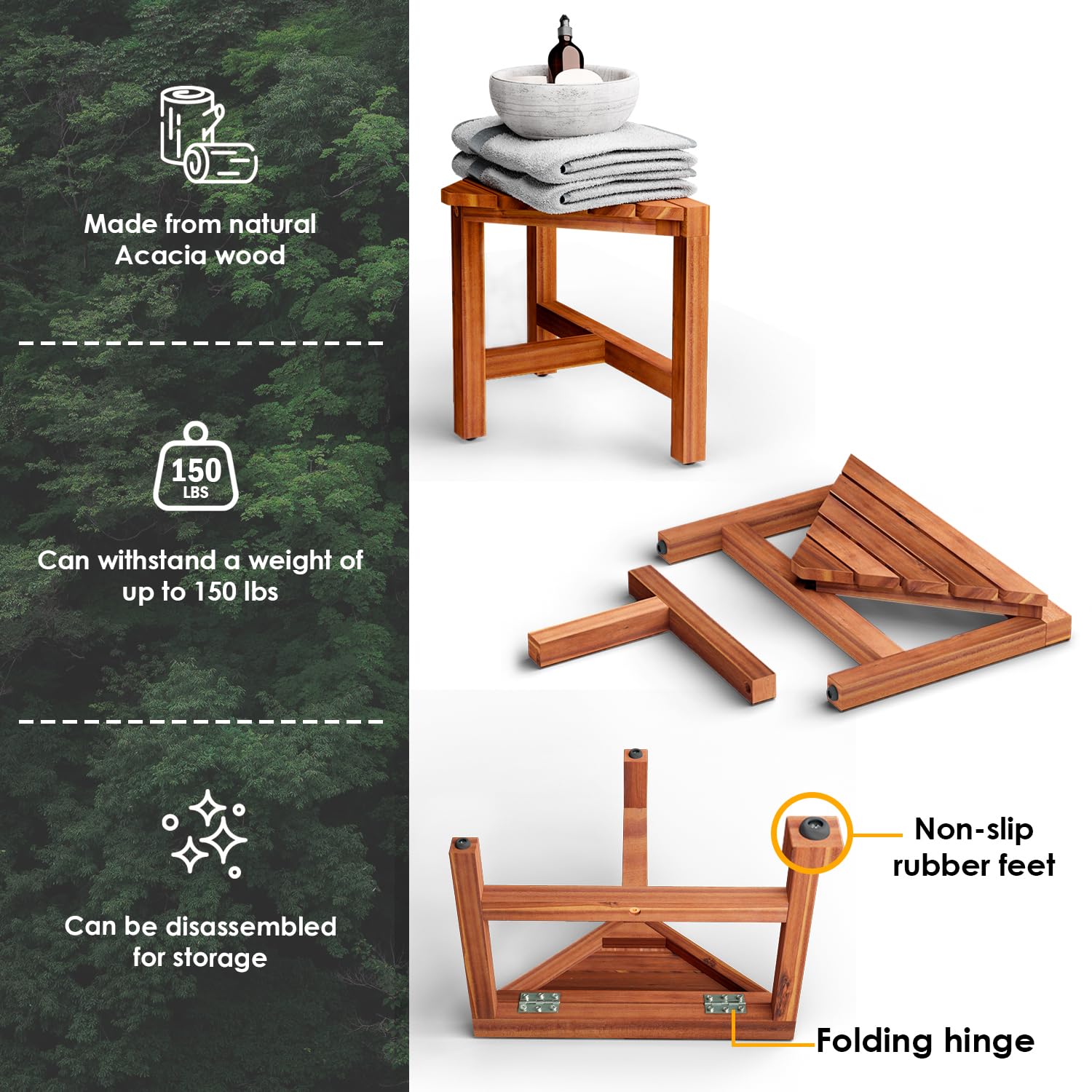 Poggiapiedi da doccia in acacia, 30,5 cm, sgabello angolare in legno per radersi, panche da