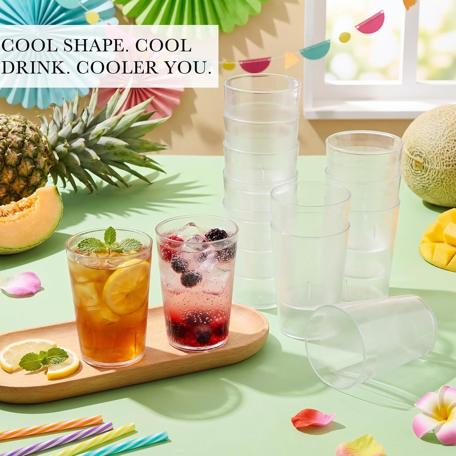 Gerrii 28 Pcs Clear Plastic Tumblers Drinking Cups Reusable Unbreakable Juice Acrylic Glasses Dishwasher Safe Plastic Glasses for Adults Picnic Party Kitchen (5 oz,Vintage)