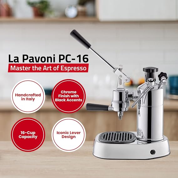 La Pavoni PC-16 Professional Espresso Machine - 16-Cup Capacity Lever Espresso Maker - Chrome Finish- Solid Brass 38oz Boiler - Dual Frothing Systems & Mounted Pressure Gauge - Made in Italy