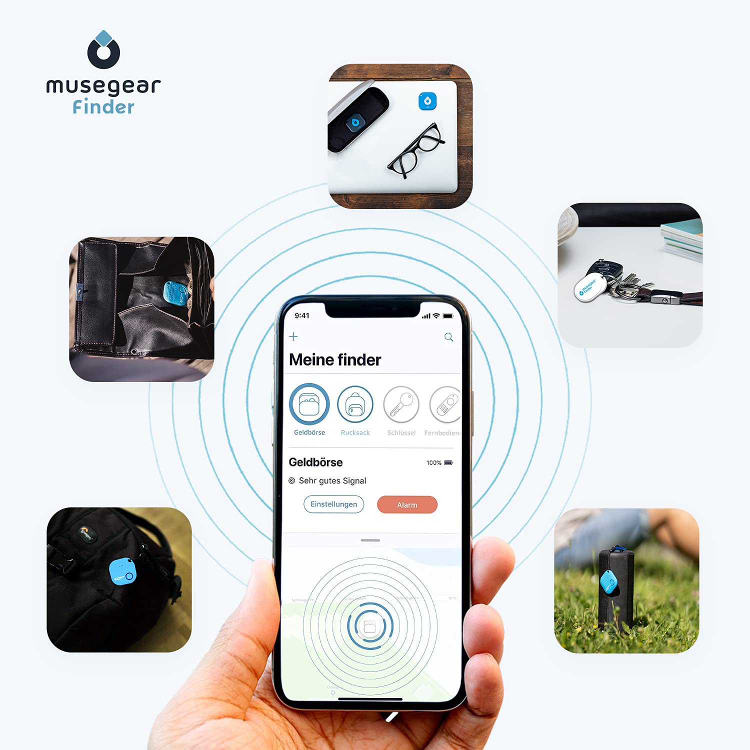 musegear Keyfinder Mini con Bluetooth App I Keyfinder ad Alta Voce per Cellulare - Blu Scuro 3-Pack I GPS Tracking/Pairing I Trovare Le Chiavi