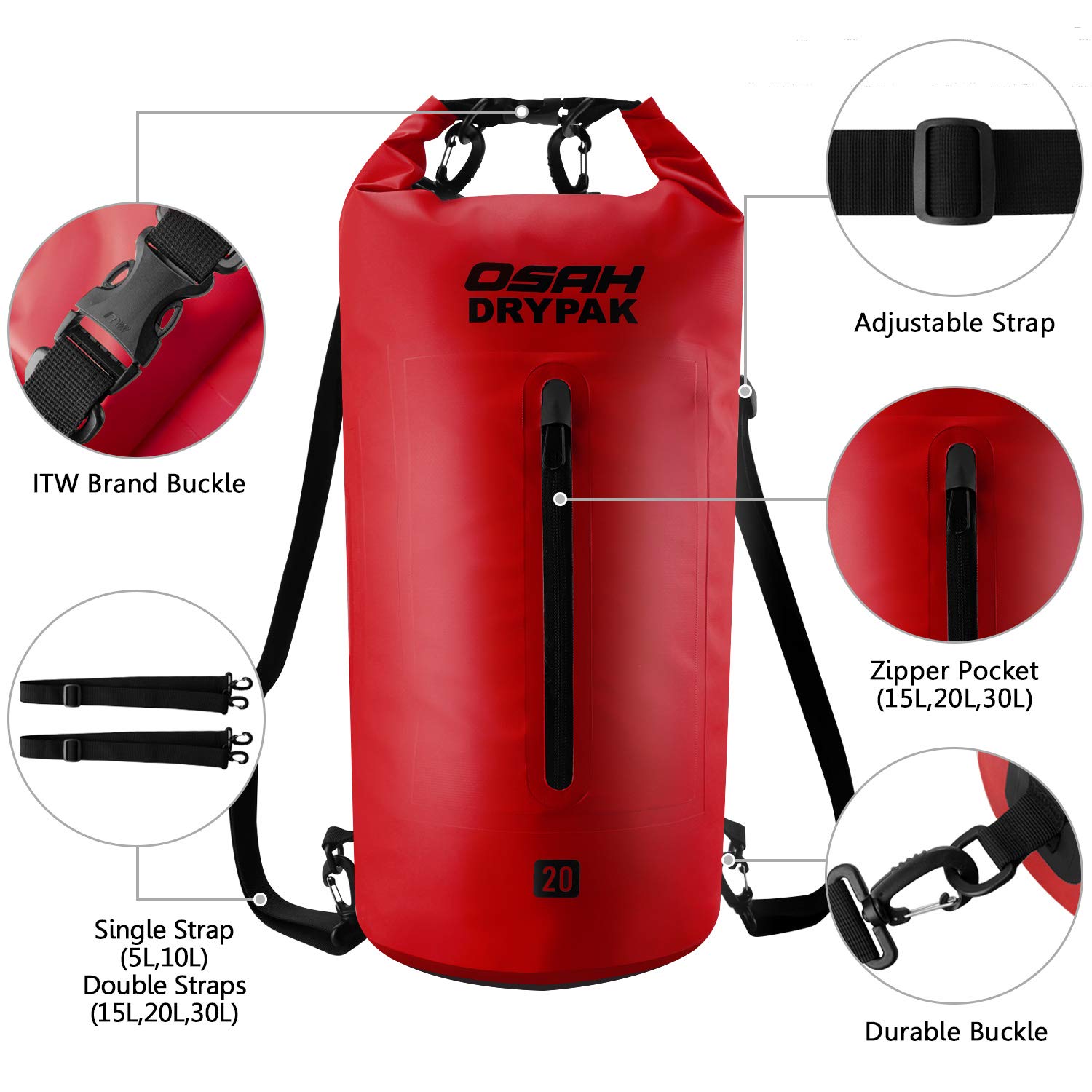 OSAH DRYPAK Borse Impermeabile Sacca Dry Bag 5L 10L 15L 20L 30L con Tracolla Regolabile per Spiaggia Sport d'Acqua Trekking Kayak Canoa Pesca Rafting Nuoto Campeggio