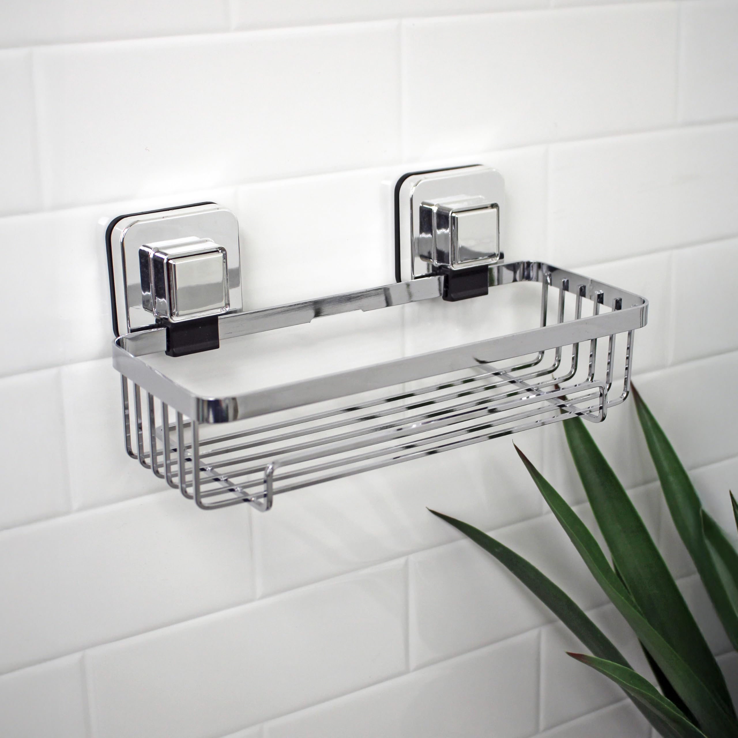 Showerdrape Pushloc Chrome Steel Suction Wall Mounted Rectangular Basket and Mounting Squares