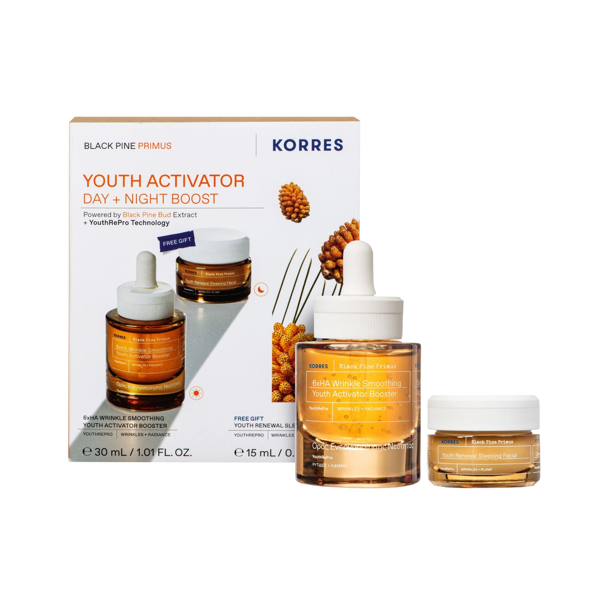 KORRES BLACK PINE PRIMUS Anti-Aging Nachtpflegeset, Nachtcreme & Booster für glattere, jugendlich aussehende Haut, YouthRePro-Technologie & 6-fach Hyaluronsäure, 30+15ml