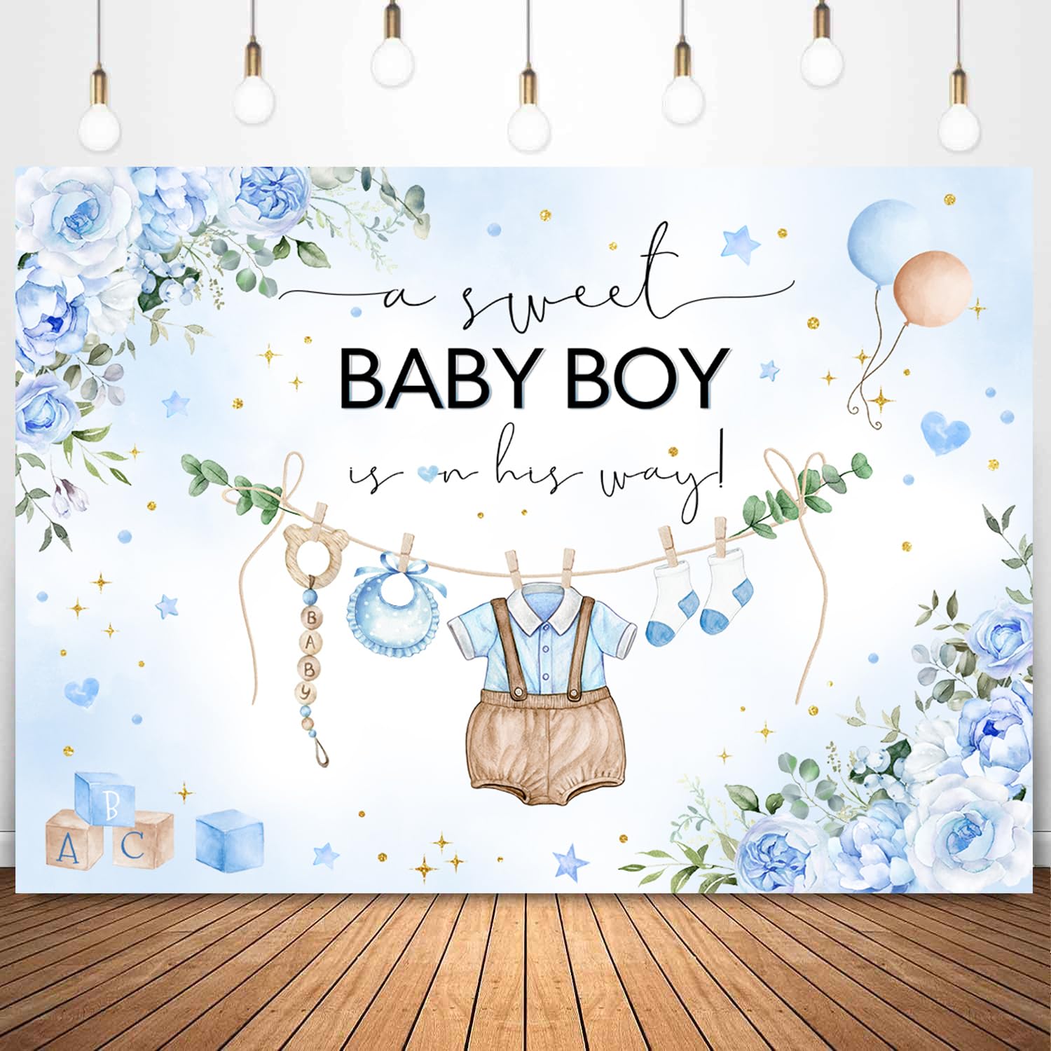 Withu Boy Baby Shower Backdrop Watercolor Blue Floral Flowers Leaves Boy's Clothes A Sweet Boy is On The Way Newborn Themed Party Decorations Banner