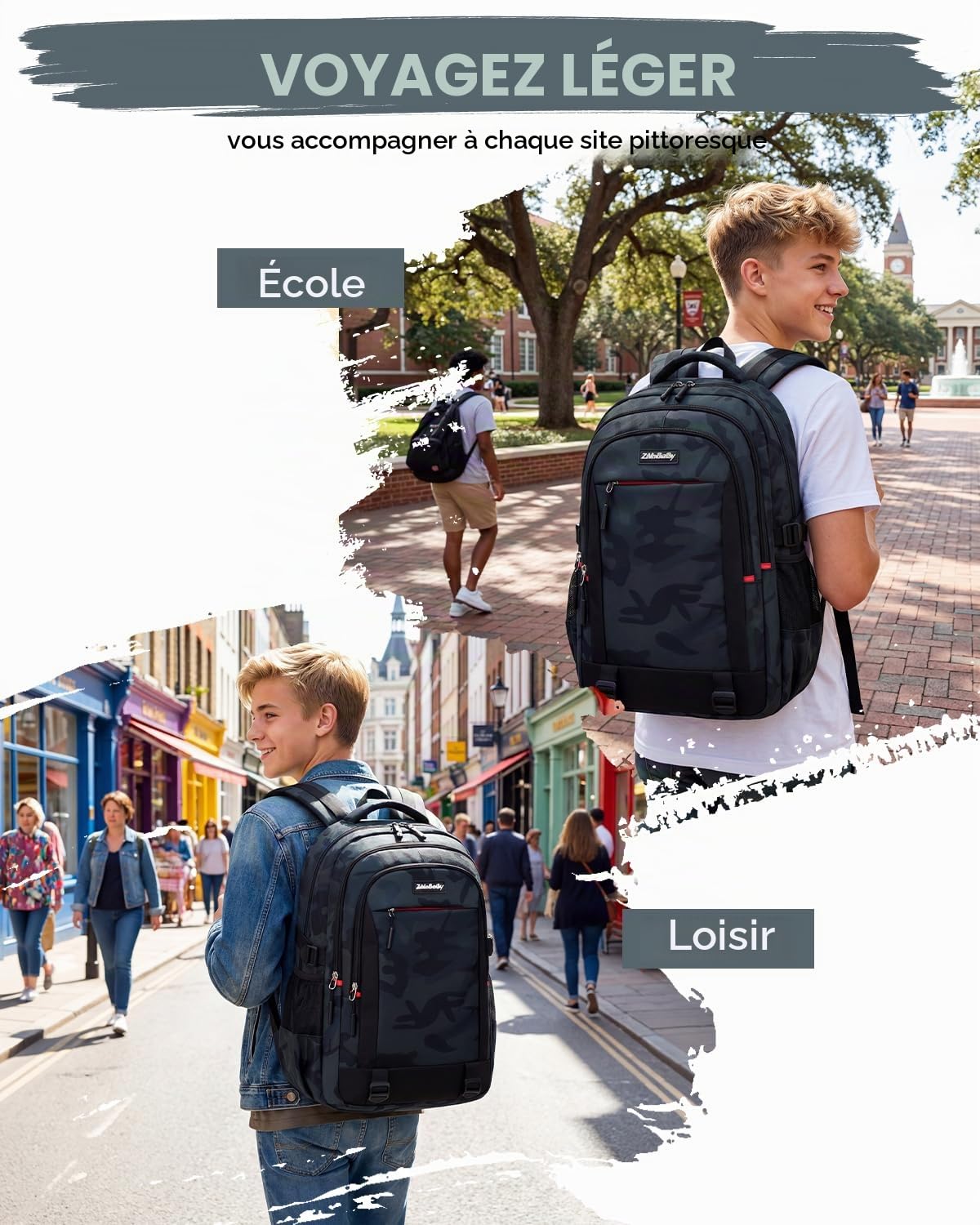 Amythe Sac à dos Ado Garçon École Voyage Université | Sac à dos Ergonomique Camouflage Adulte 30L Grande Capacité Imperméable