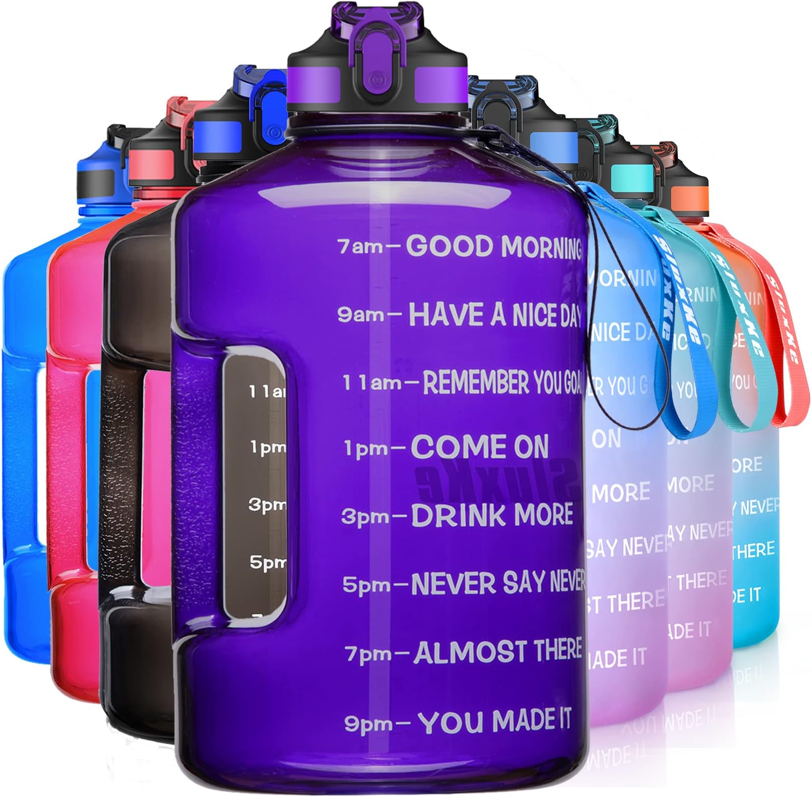 SLUXKE 1 Gallon Motivational Sports Water Bottle with Time Marker, BPA Free 128oz Leak Proof Jug, Black, Plastic, 128 ounces, Fitness, Sports, Outdoor Activities