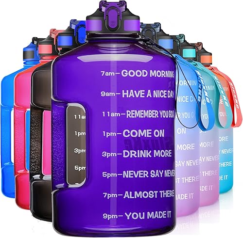 Botella de agua de 1 galón con marcador de tiempo y popote, sin BPA, 128 onzas, a prueba de fugas, jarra de agua grande motivacional con asa, jarra