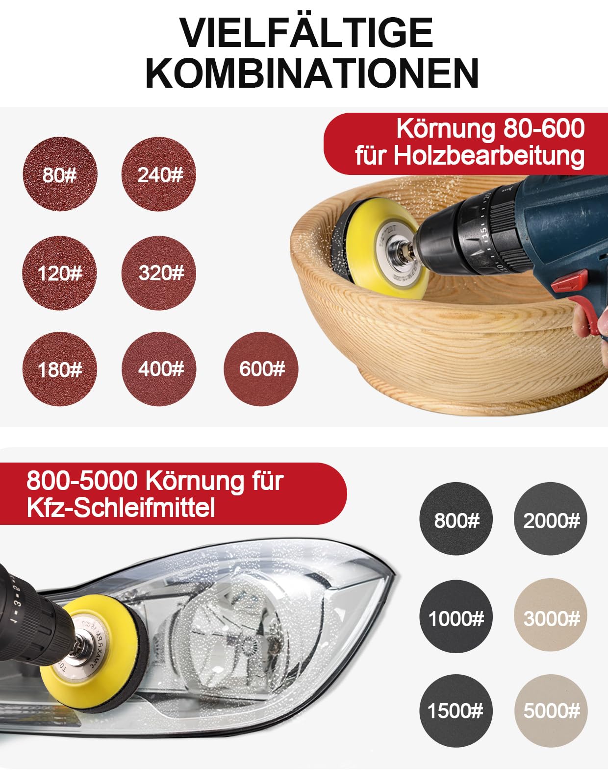 268 Stück Schleifpapier Klett 75mm, Körnung 80-5000 Scheinwerfer Aufbereitung Set- Polieraufsatz Akkuschrauber, Schleifaufsatz für Akkuschrauber, Auto, Holz, Scheinwerfer